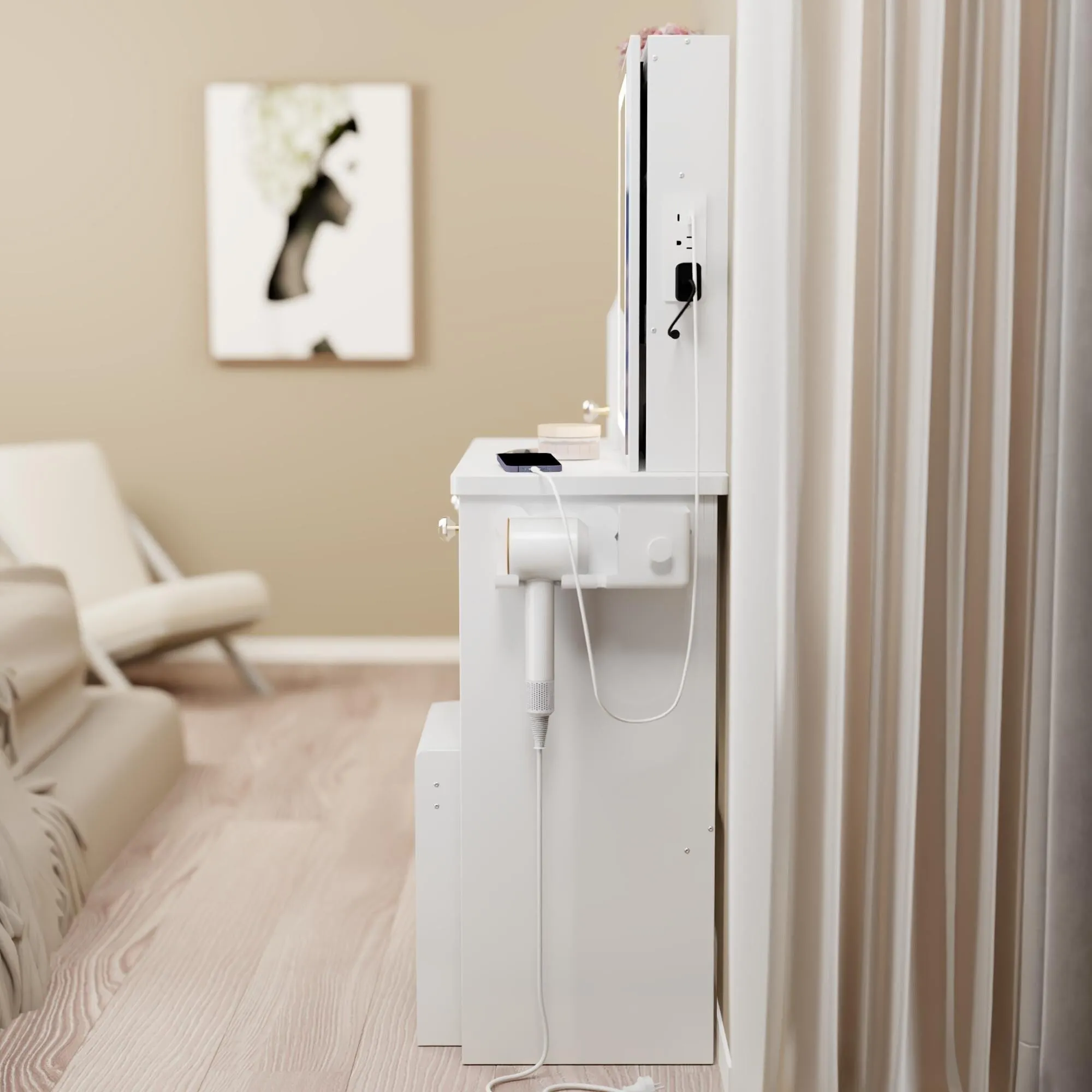 Small Size Left Drawer Desktop Vanity Table   Cushioned Stool.Extra Large Touch Control Sliding LED Mirror.Tri-color Switching