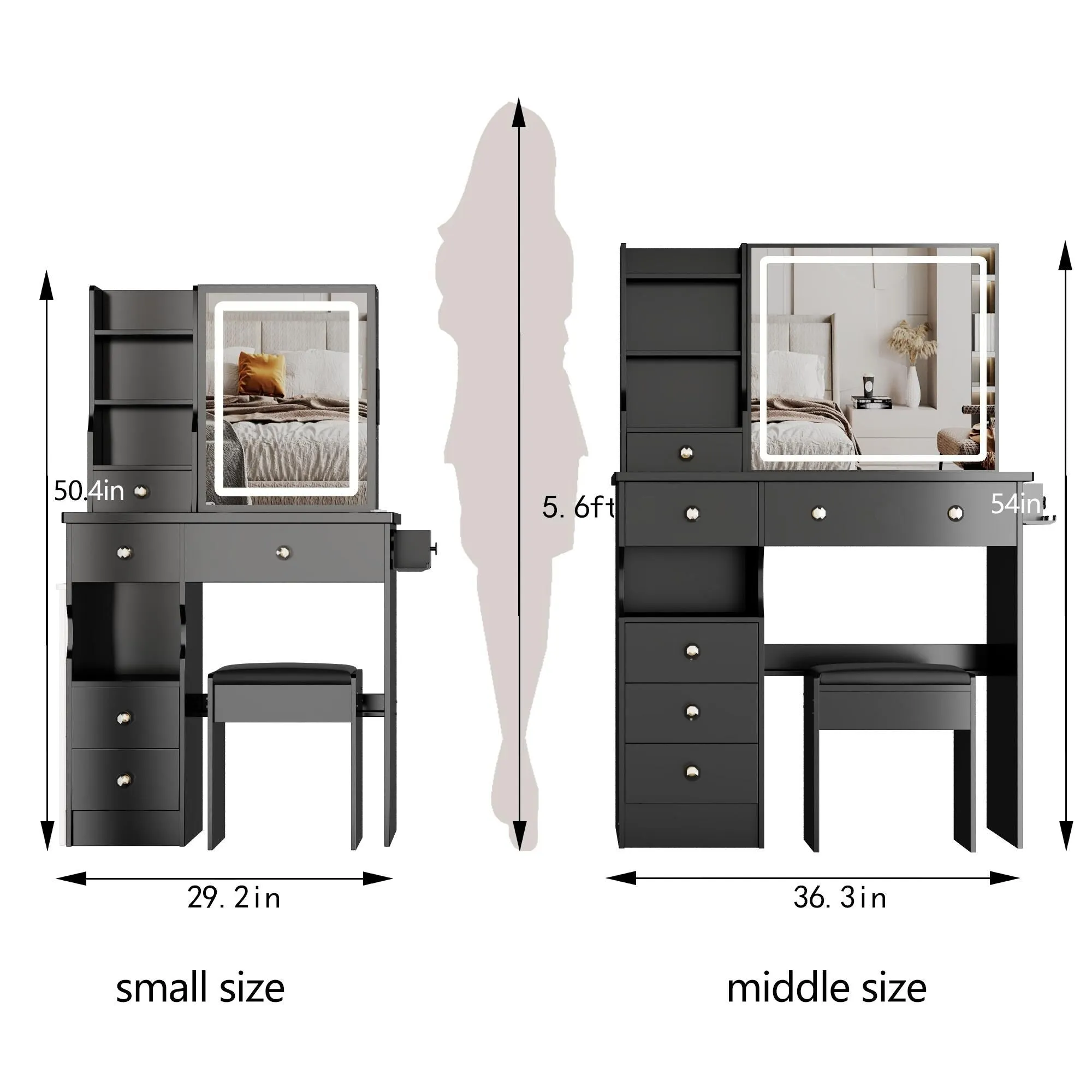 Small Size Left Drawer Desktop Vanity Table   Cushioned Stool.Extra Large Touch Control Sliding LED Mirror.Tri-color Switching