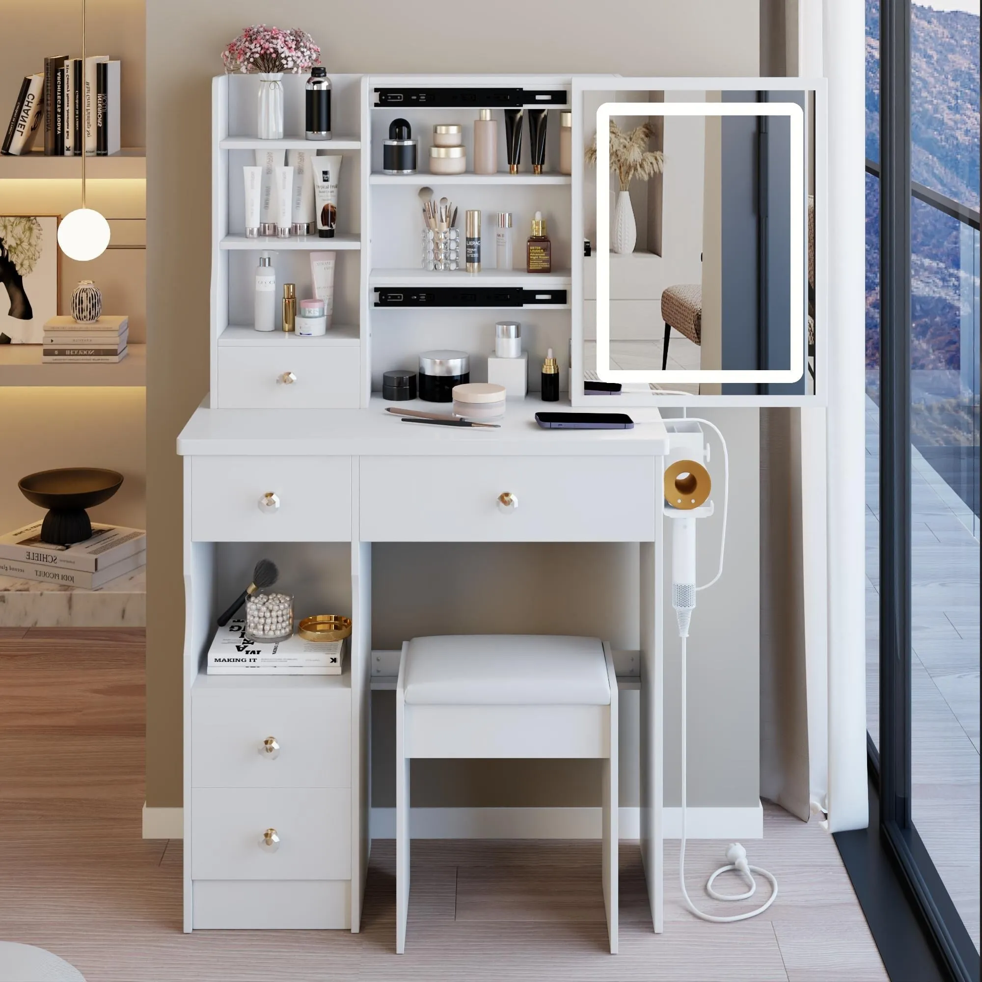 Small Size Left Drawer Desktop Vanity Table   Cushioned Stool.Extra Large Touch Control Sliding LED Mirror.Tri-color Switching