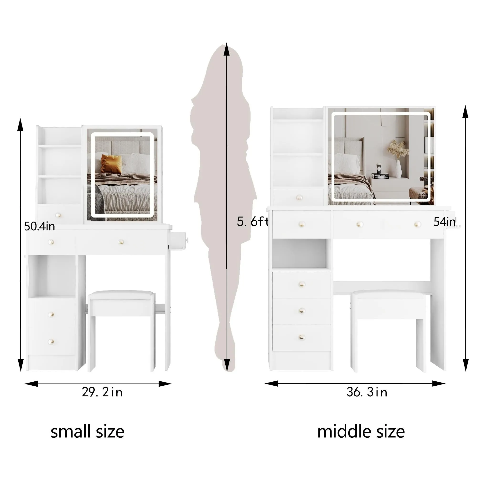 Small Size Left Drawer Desktop Vanity Table   Cushioned Stool.Extra Large Touch Control Sliding LED Mirror.Tri-color Switching