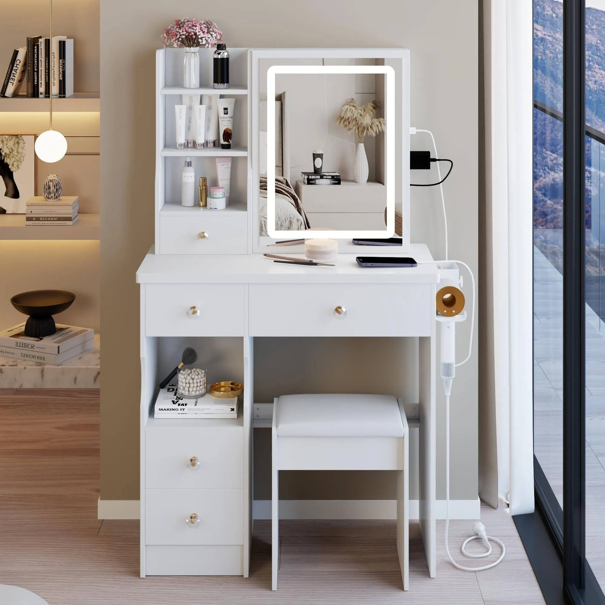Small Size Left Drawer Desktop Vanity Table   Cushioned Stool.Extra Large Touch Control Sliding LED Mirror.Tri-color Switching