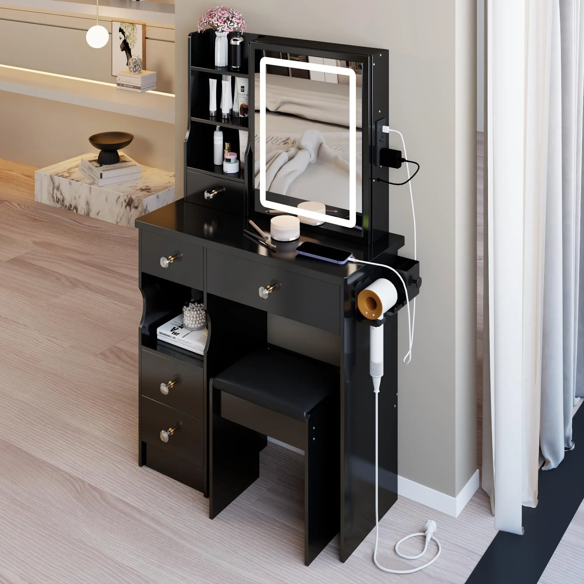 Small Size Left Drawer Desktop Vanity Table   Cushioned Stool.Extra Large Touch Control Sliding LED Mirror.Tri-color Switching