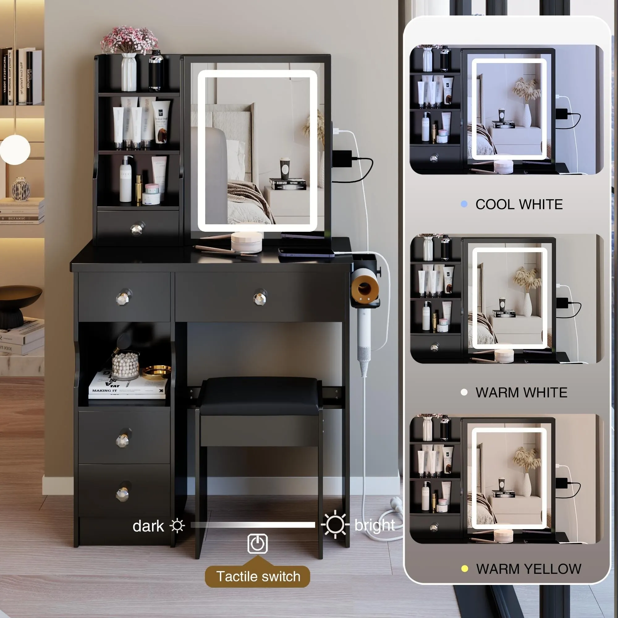 Small Size Left Drawer Desktop Vanity Table   Cushioned Stool.Extra Large Touch Control Sliding LED Mirror.Tri-color Switching