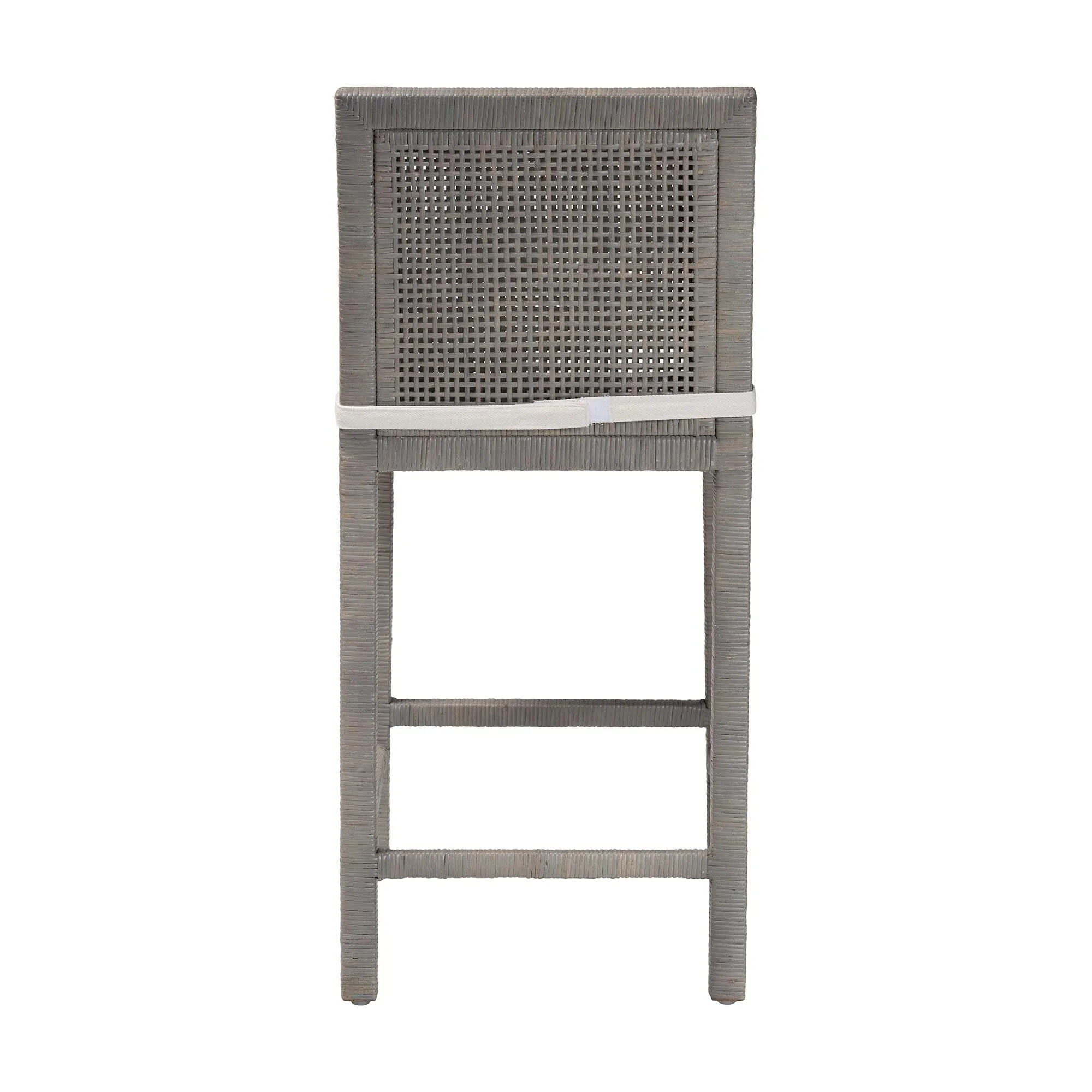 Sofia Rattan Counter Stool with Mahogany Wood - Handwoven Wicker Counter Height. Coastal Kitchen Island Seating. French Grey