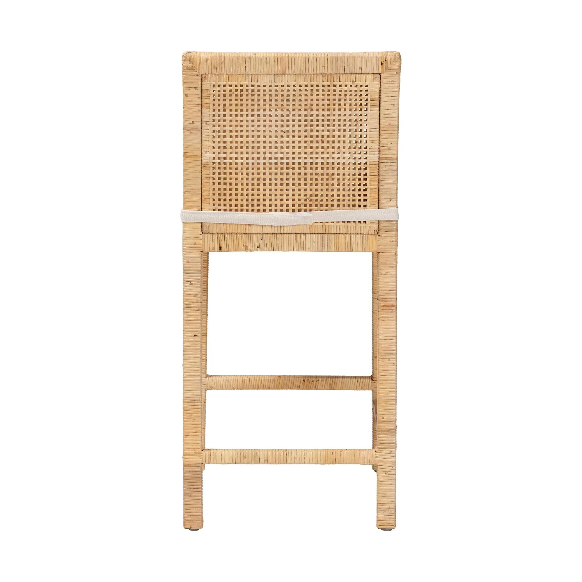 Sofia Rattan Counter Stool with Mahogany Wood - Handwoven Wicker Counter Height. Coastal Kitchen Island Seating. French Grey