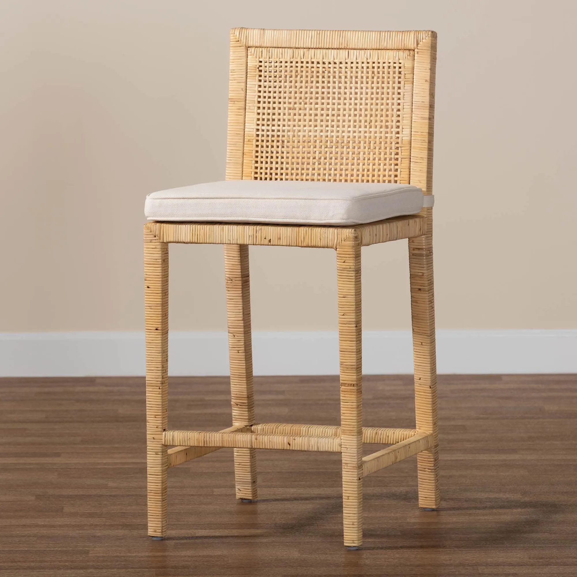Sofia Rattan Counter Stool with Mahogany Wood - Handwoven Wicker Counter Height. Coastal Kitchen Island Seating. French Grey