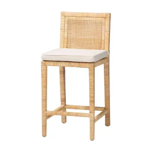 Sofia Rattan Counter Stool with Mahogany Wood - Handwoven Wicker Counter Height. Coastal Kitchen Island Seating. French Grey