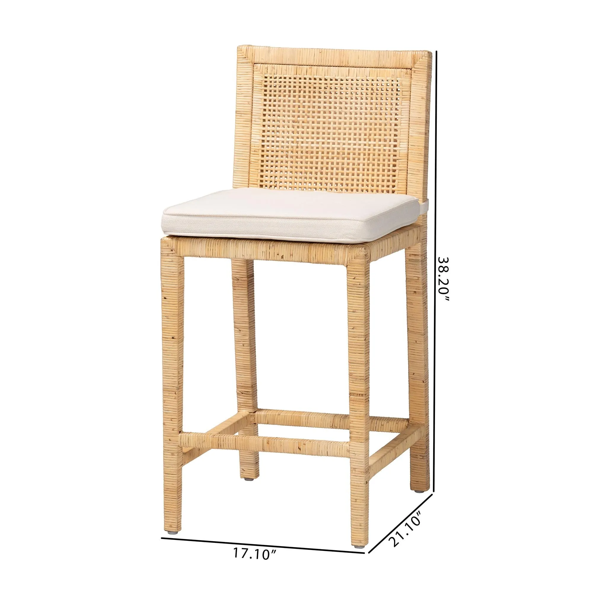 Sofia Rattan Counter Stool with Mahogany Wood - Handwoven Wicker Counter Height. Coastal Kitchen Island Seating. French Grey