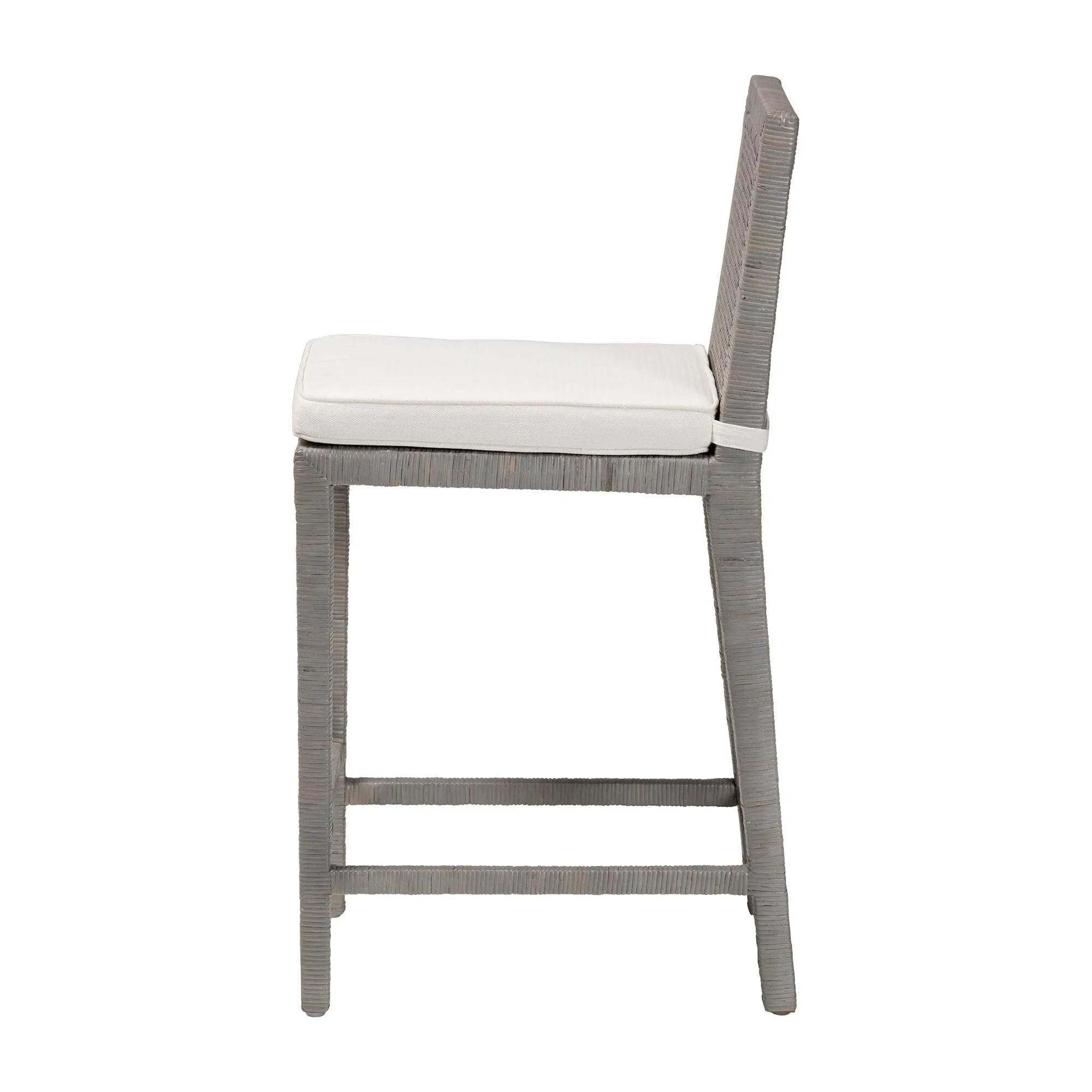 Sofia Rattan Counter Stool with Mahogany Wood - Handwoven Wicker Counter Height. Coastal Kitchen Island Seating. French Grey