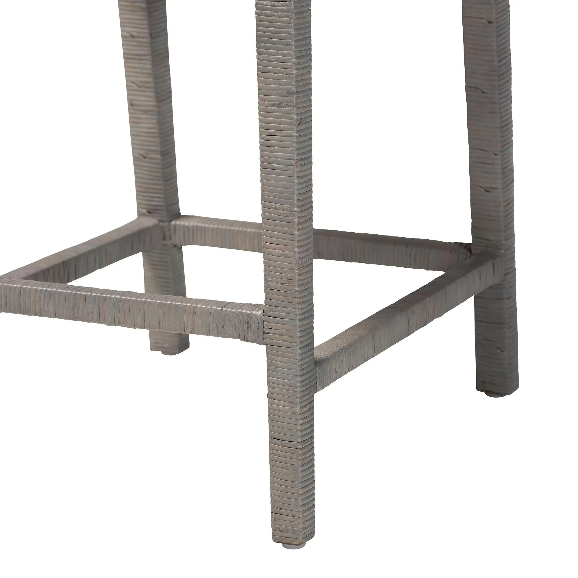 Sofia Rattan Counter Stool with Mahogany Wood - Handwoven Wicker Counter Height. Coastal Kitchen Island Seating. French Grey