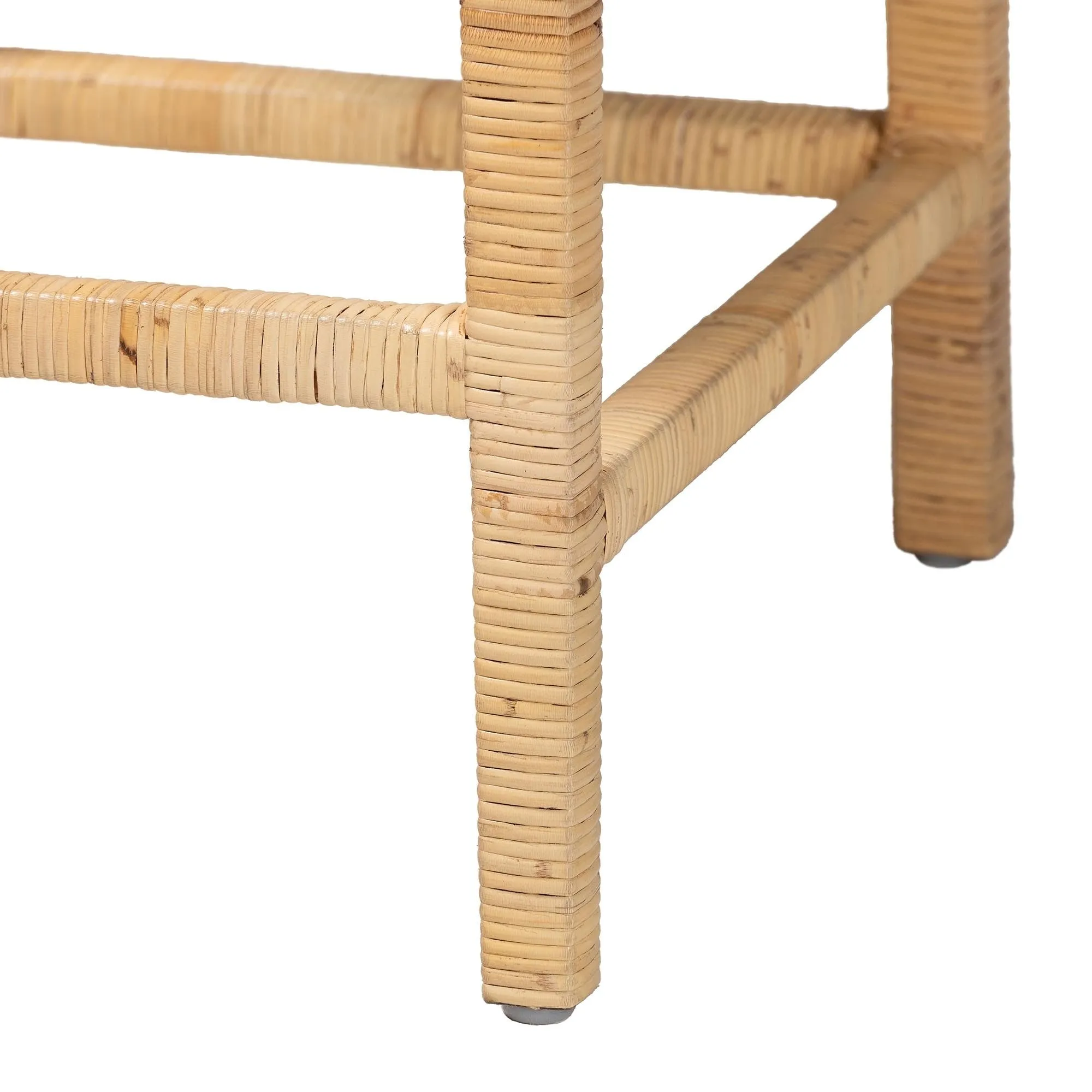 Sofia Rattan Counter Stool with Mahogany Wood - Handwoven Wicker Counter Height. Coastal Kitchen Island Seating. French Grey