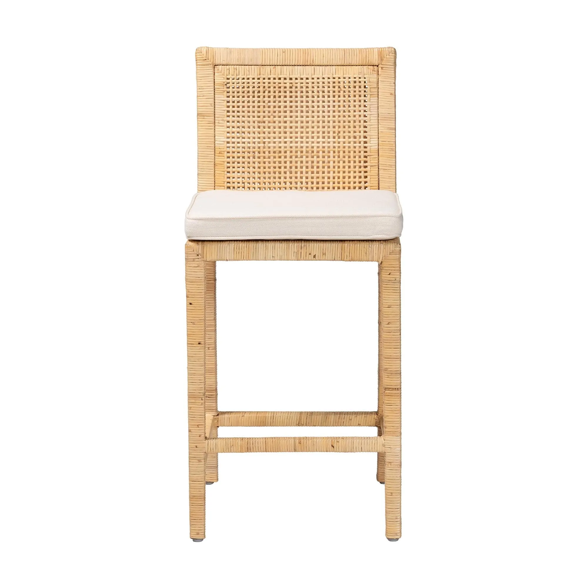 Sofia Rattan Counter Stool with Mahogany Wood - Handwoven Wicker Counter Height. Coastal Kitchen Island Seating. French Grey