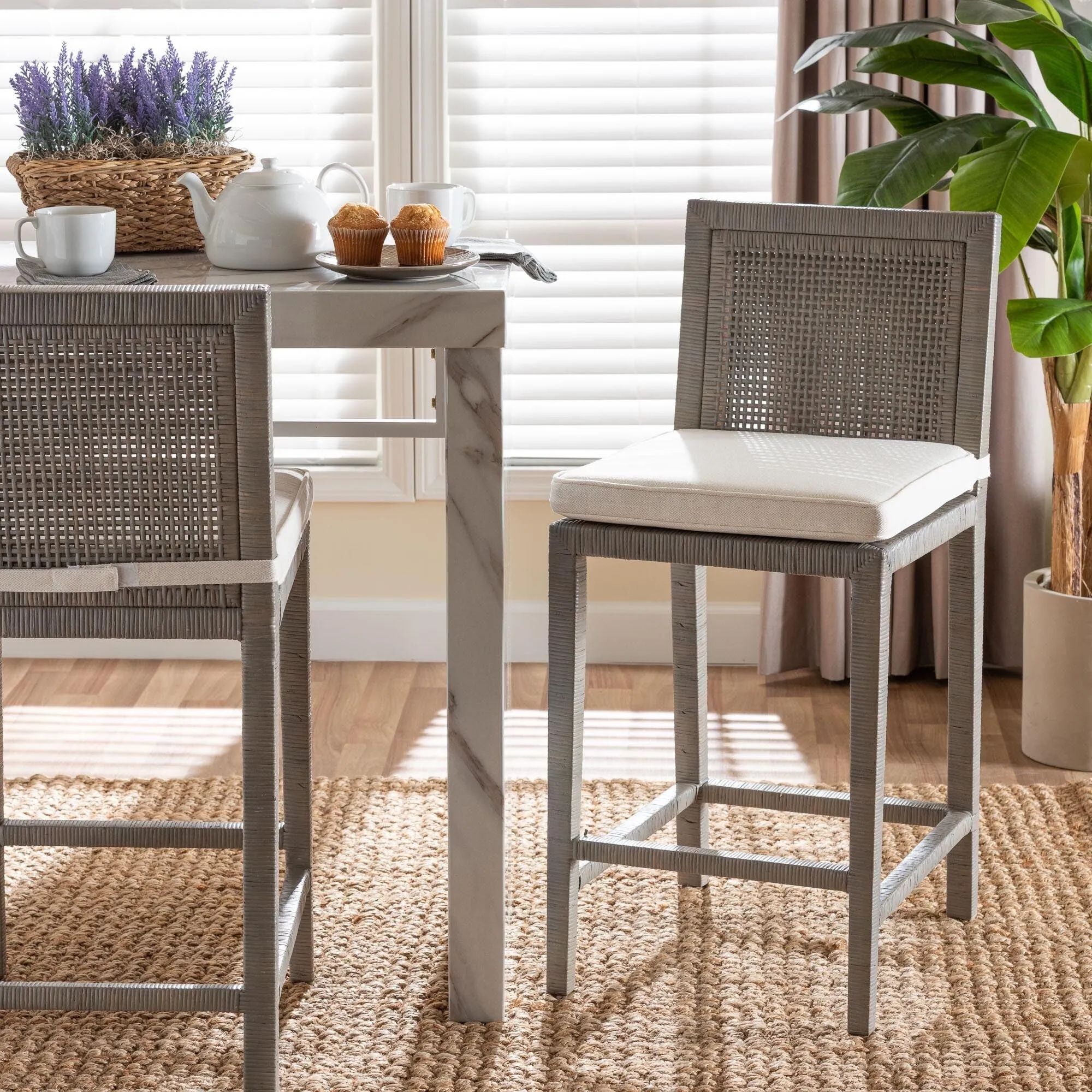 Sofia Rattan Counter Stool with Mahogany Wood - Handwoven Wicker Counter Height. Coastal Kitchen Island Seating. French Grey