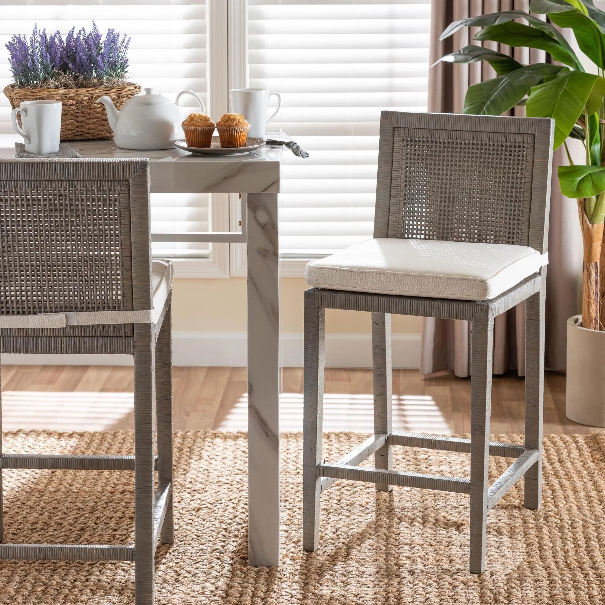 Sofia Rattan Counter Stool with Mahogany Wood - Handwoven Wicker Counter Height. Coastal Kitchen Island Seating. French Grey