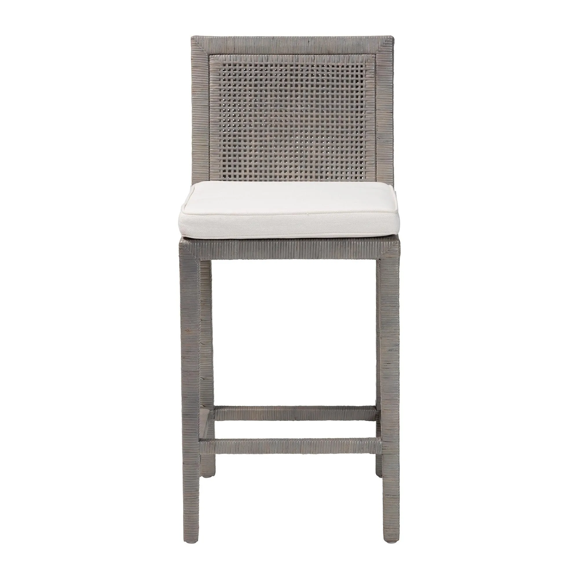 Sofia Rattan Counter Stool with Mahogany Wood - Handwoven Wicker Counter Height. Coastal Kitchen Island Seating. French Grey