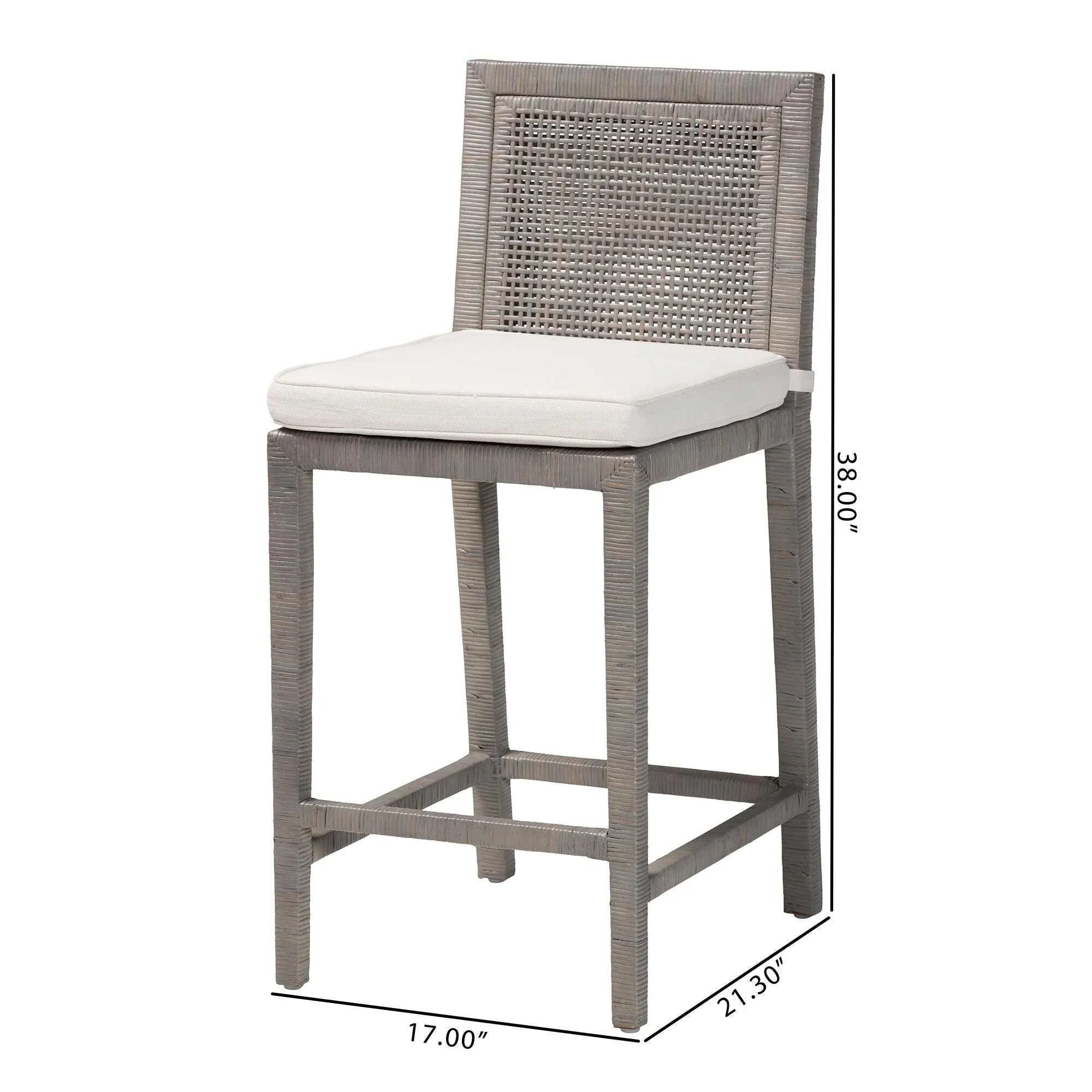 Sofia Rattan Counter Stool with Mahogany Wood - Handwoven Wicker Counter Height. Coastal Kitchen Island Seating. French Grey