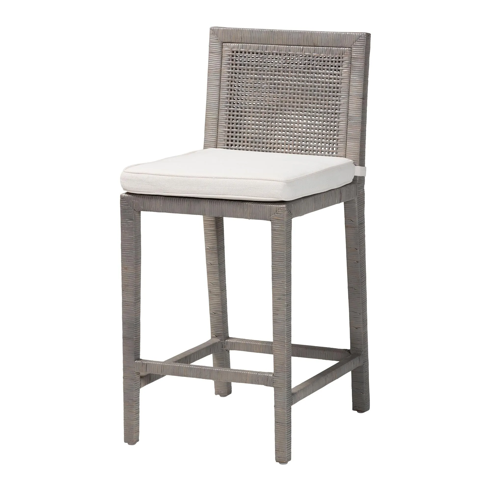 Sofia Rattan Counter Stool with Mahogany Wood - Handwoven Wicker Counter Height. Coastal Kitchen Island Seating. French Grey