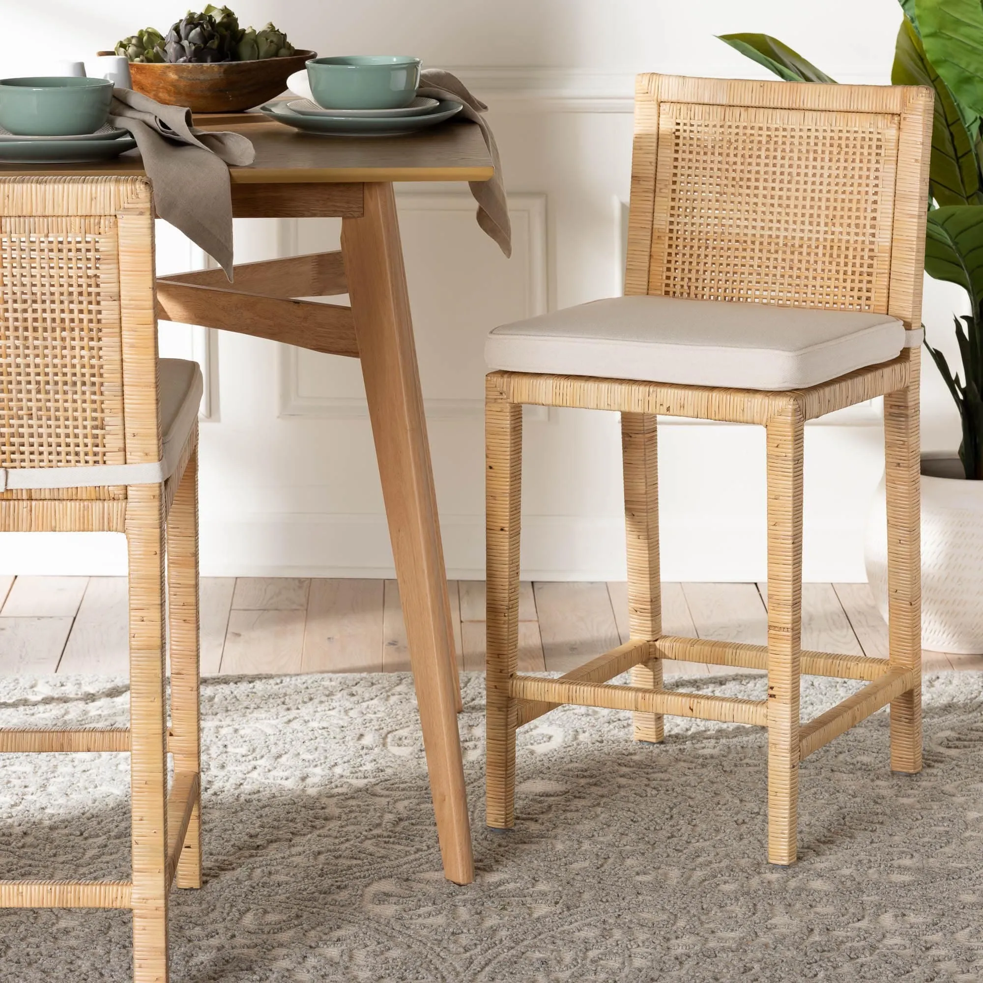 Sofia Rattan Counter Stool with Mahogany Wood - Handwoven Wicker Counter Height. Coastal Kitchen Island Seating. French Grey