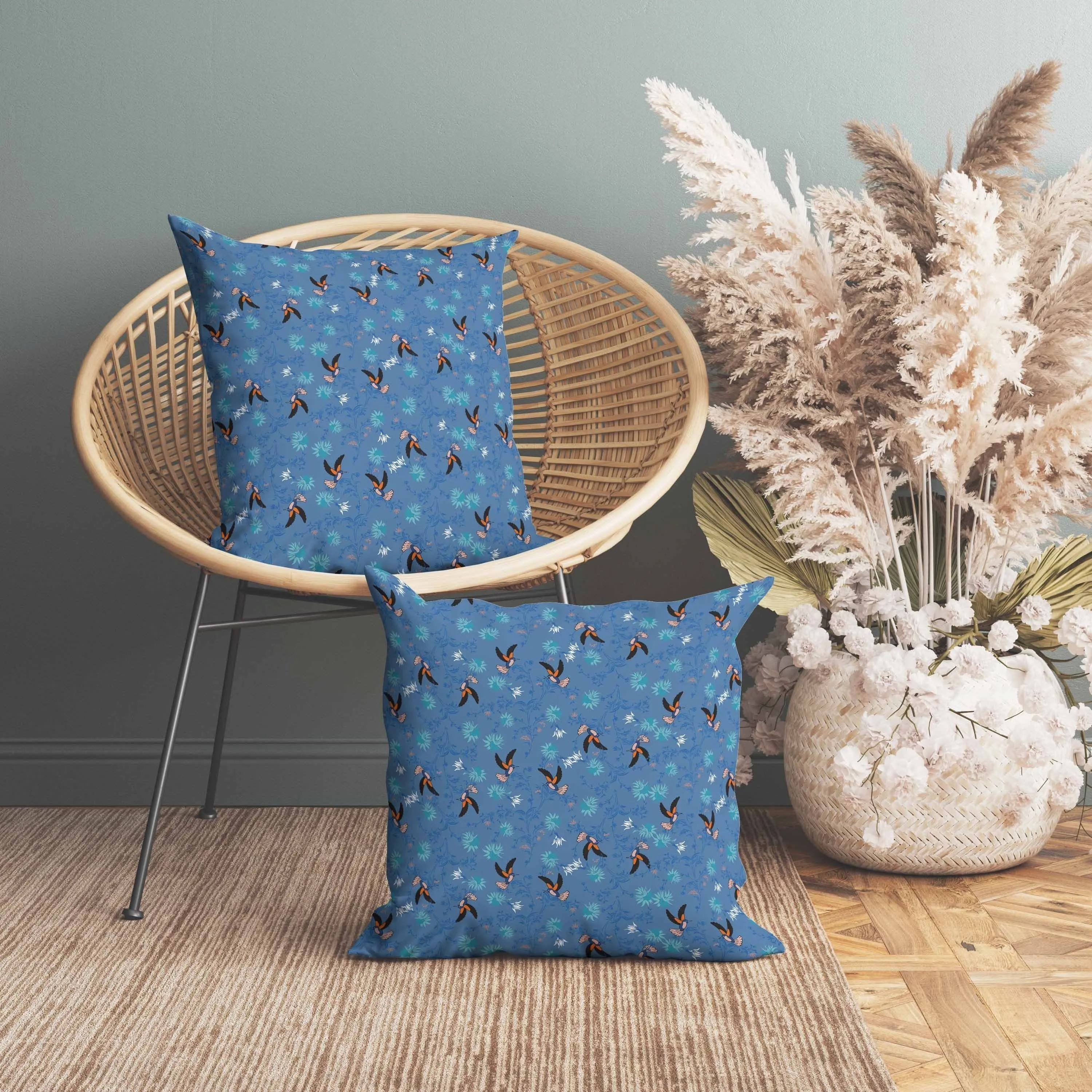 Songbird Flora Parade Faux Suede Reversible Throw Pillow Blue and Teal