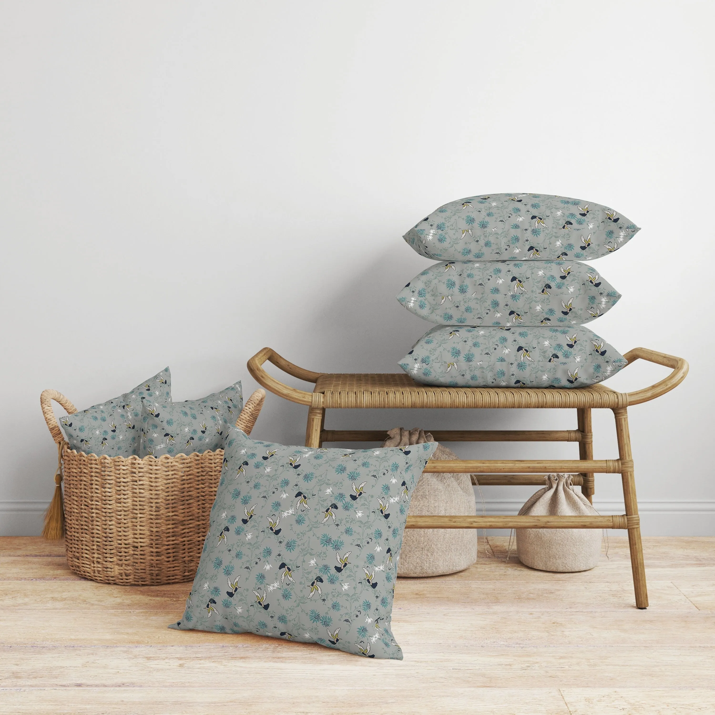 Songbird Flora Parade Faux Suede Reversible Throw Pillow Gray and Cyan
