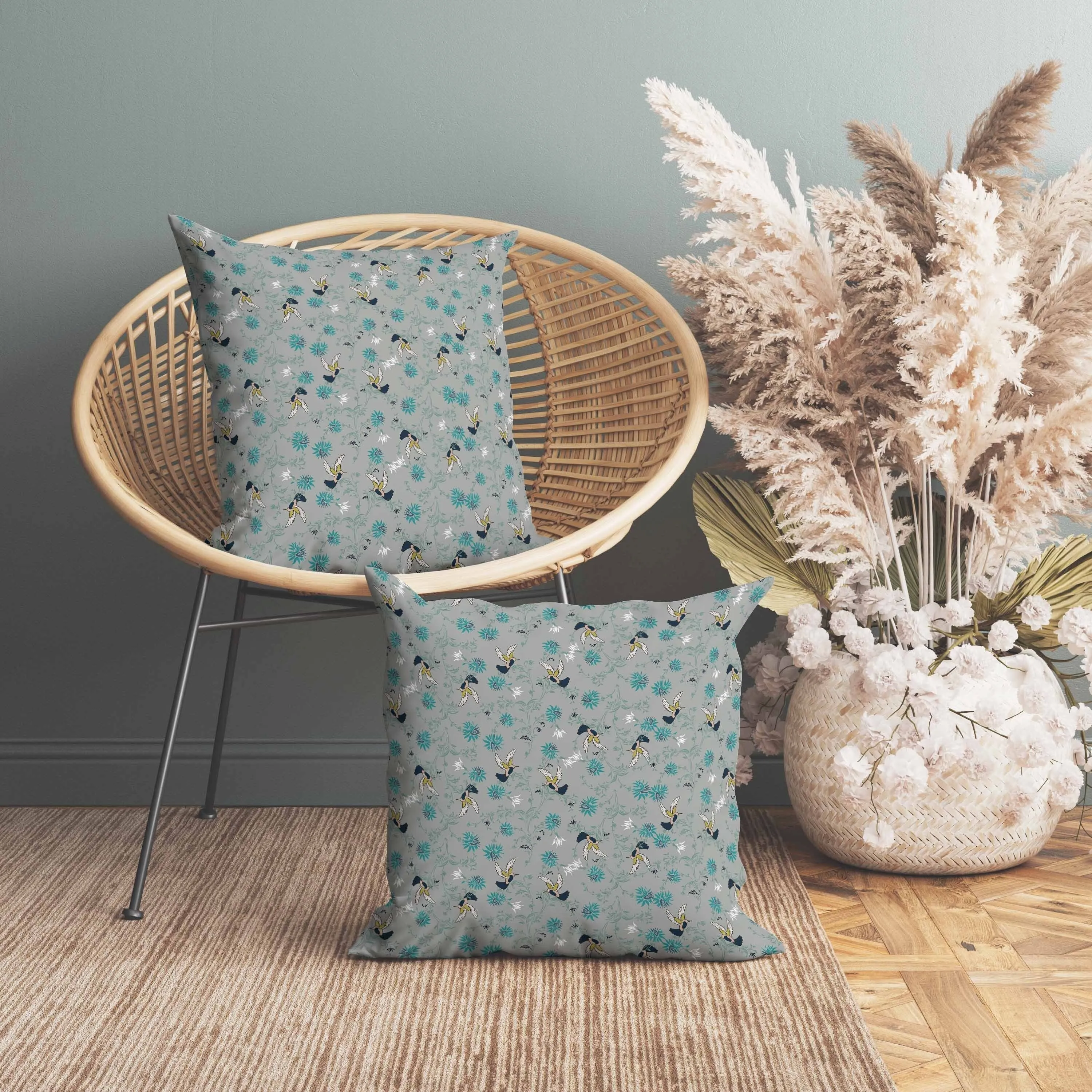 Songbird Flora Parade Faux Suede Reversible Throw Pillow Gray and Cyan