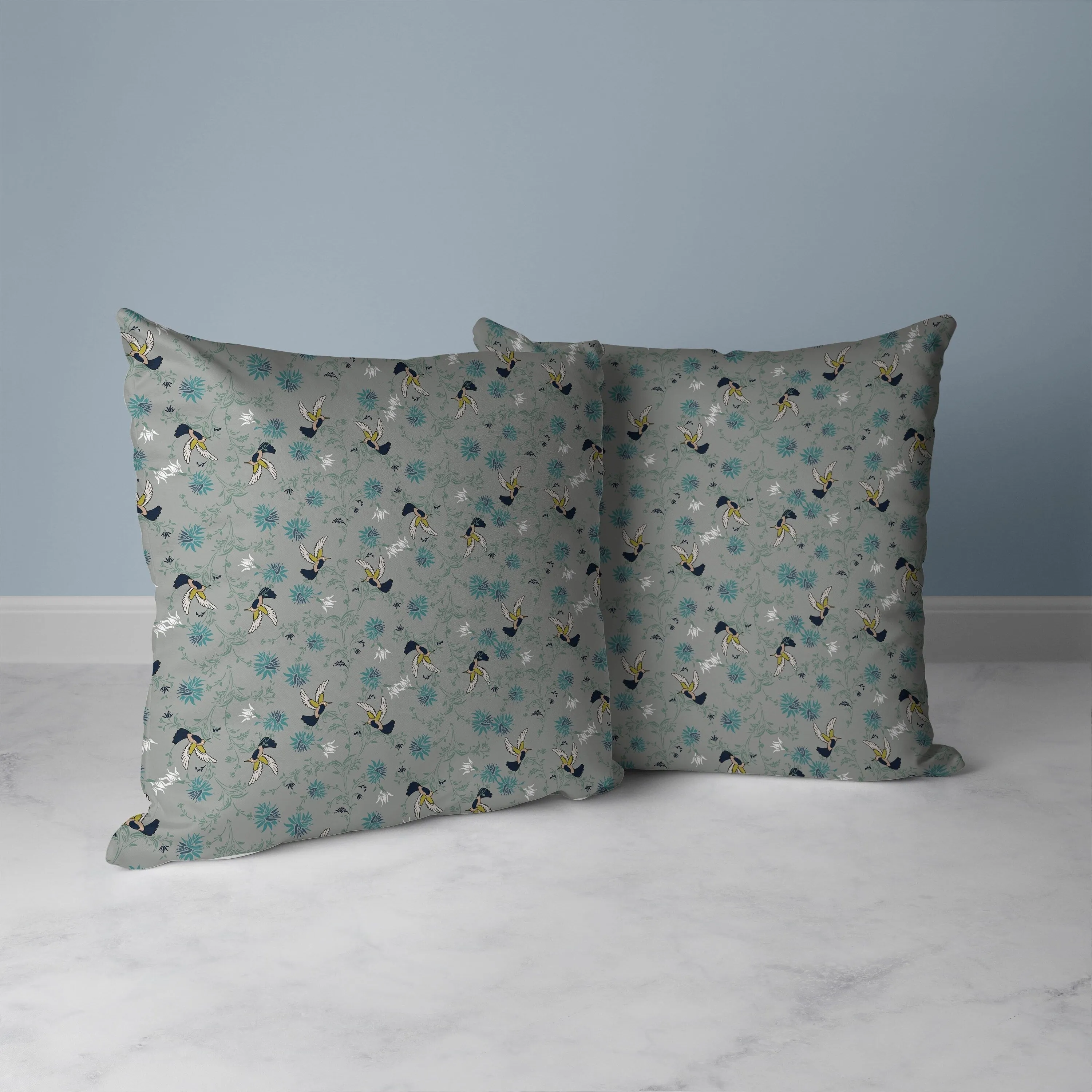 Songbird Flora Parade Faux Suede Reversible Throw Pillow Gray and Cyan