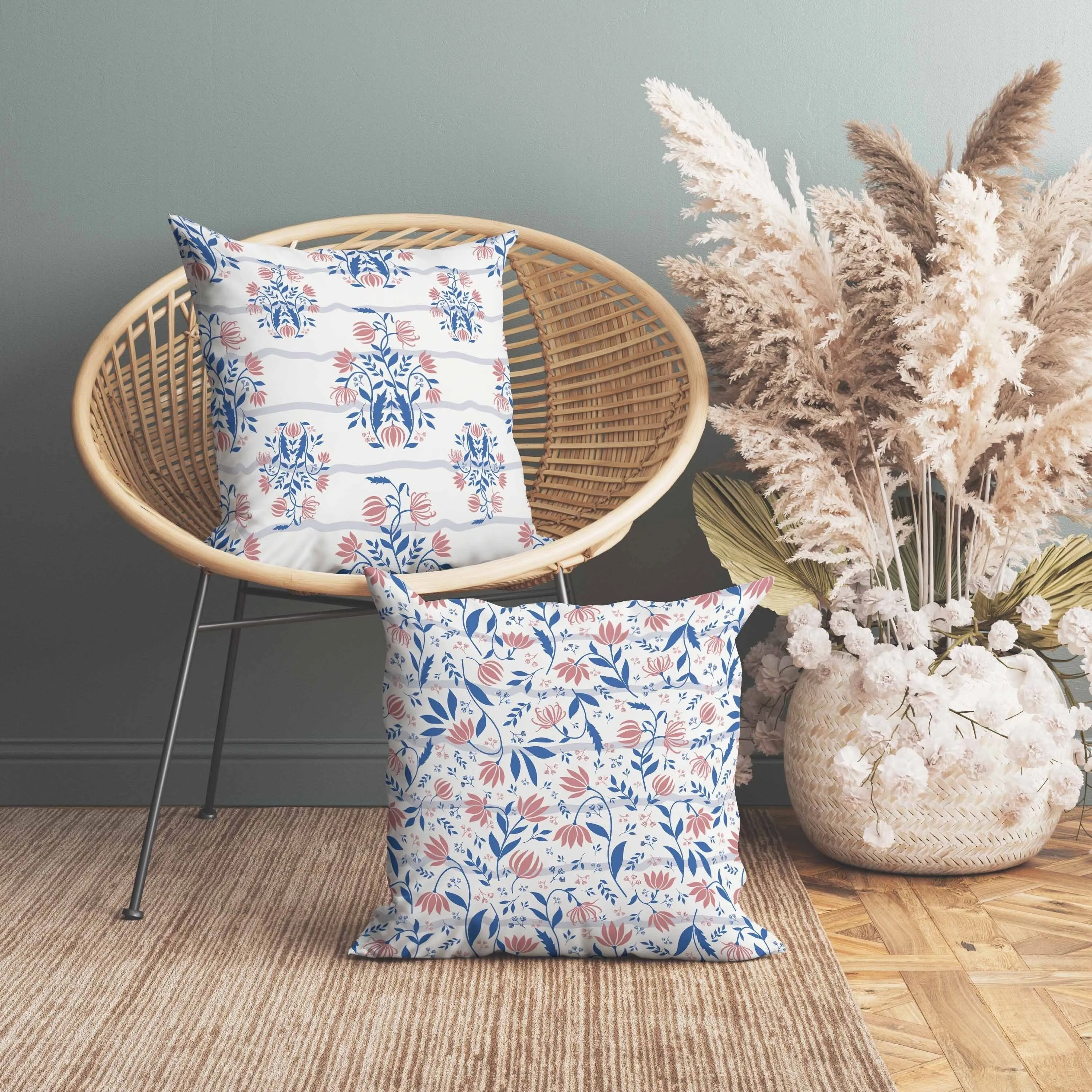 Sophisticated Floral Faux Suede Reversible Throw Pillow Blue and Pink