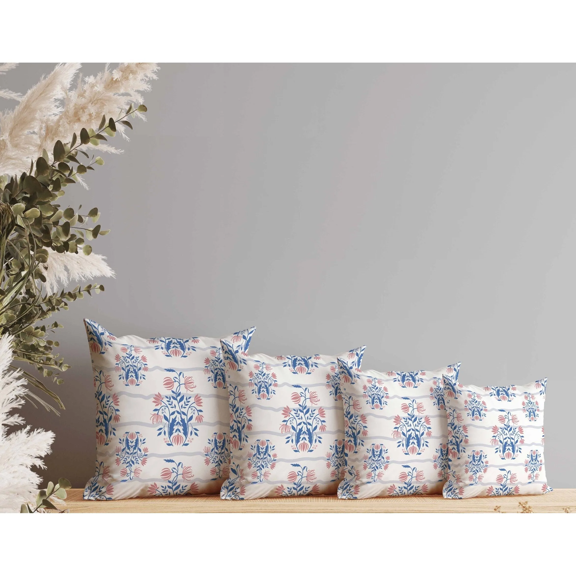 Sophisticated Floral Faux Suede Reversible Throw Pillow Blue and Pink