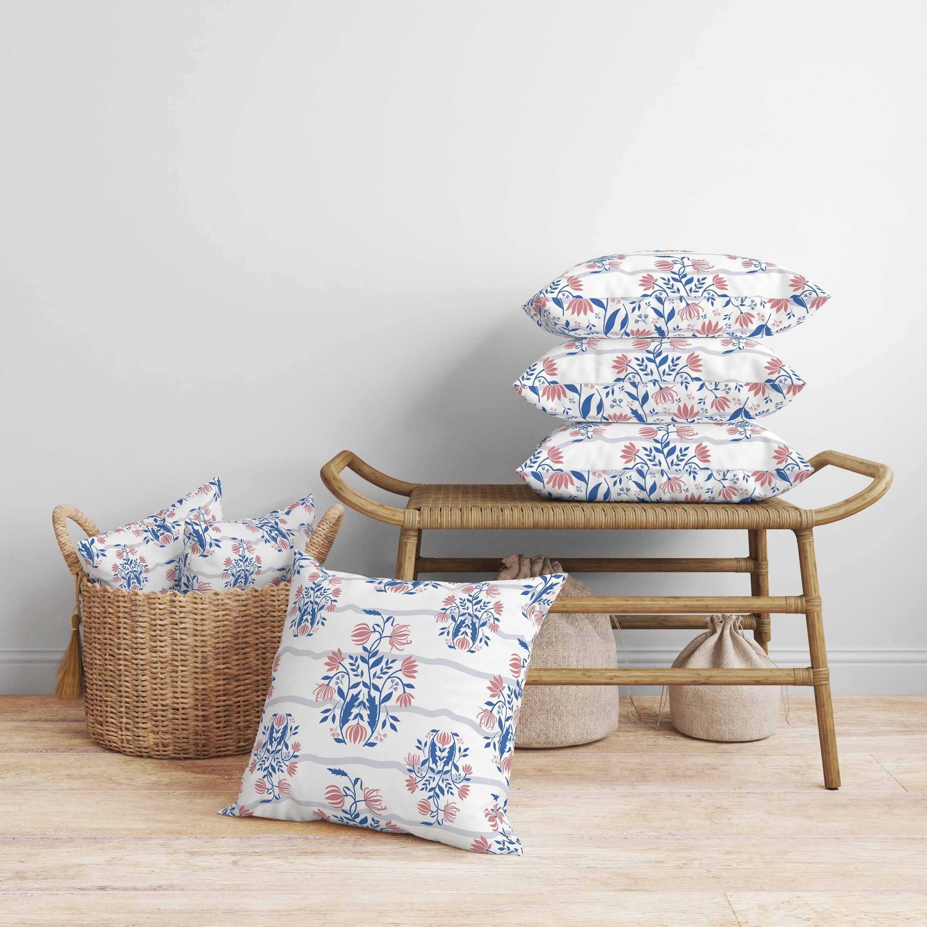 Sophisticated Floral Faux Suede Reversible Throw Pillow Blue and Pink