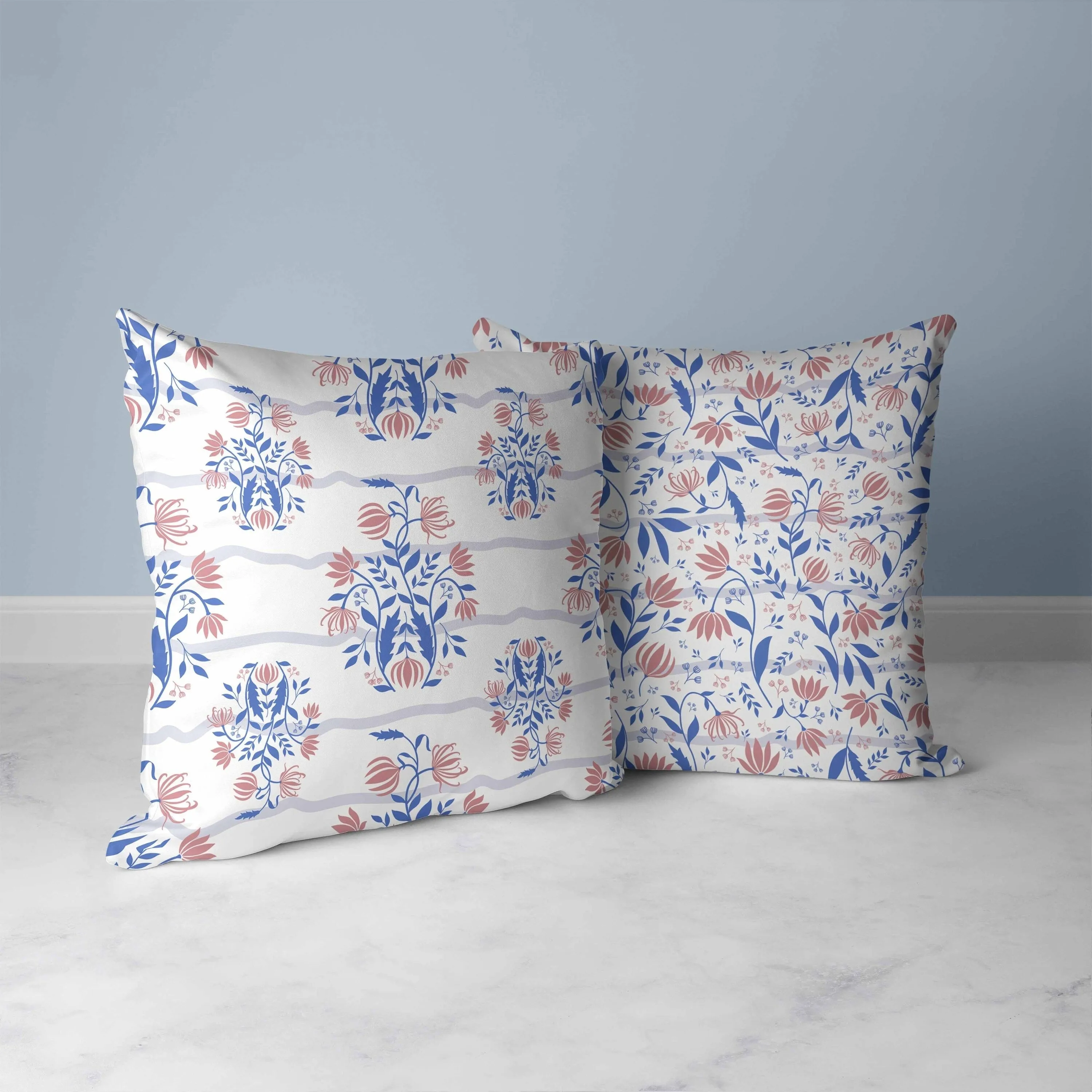 Sophisticated Floral Faux Suede Reversible Throw Pillow Blue and Pink