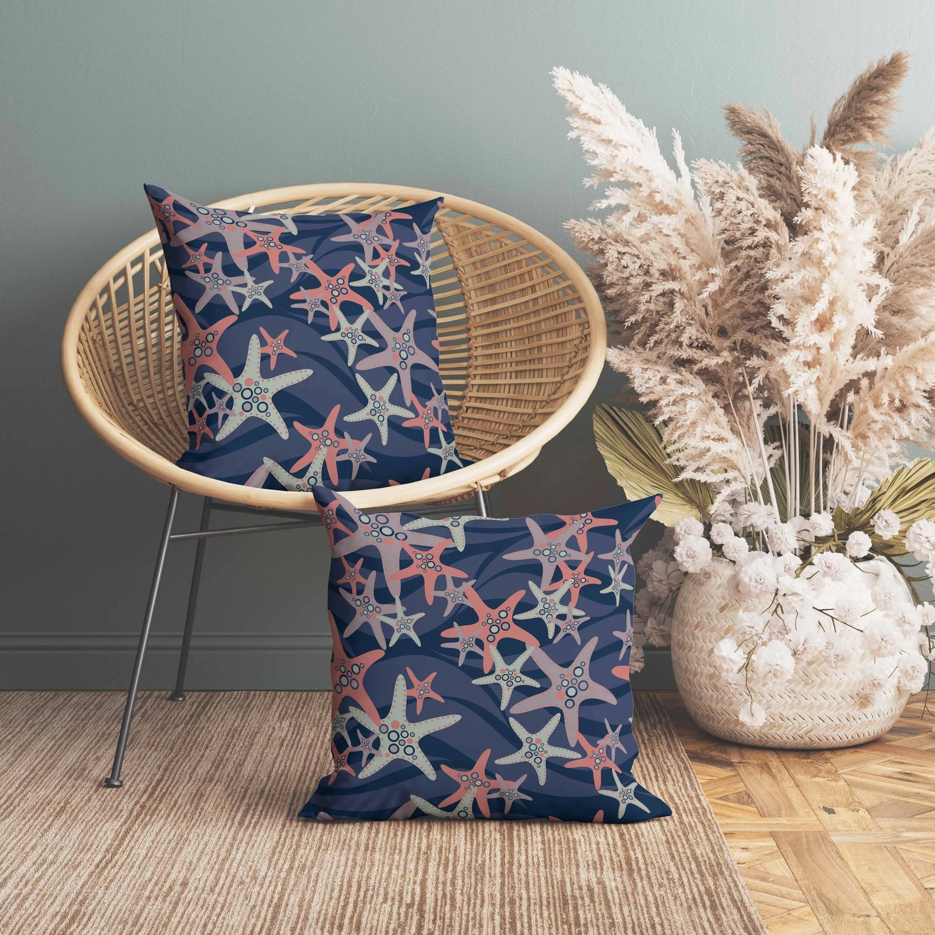 Starfish Sway Faux Suede Reversible Throw Pillow Blue and Copper