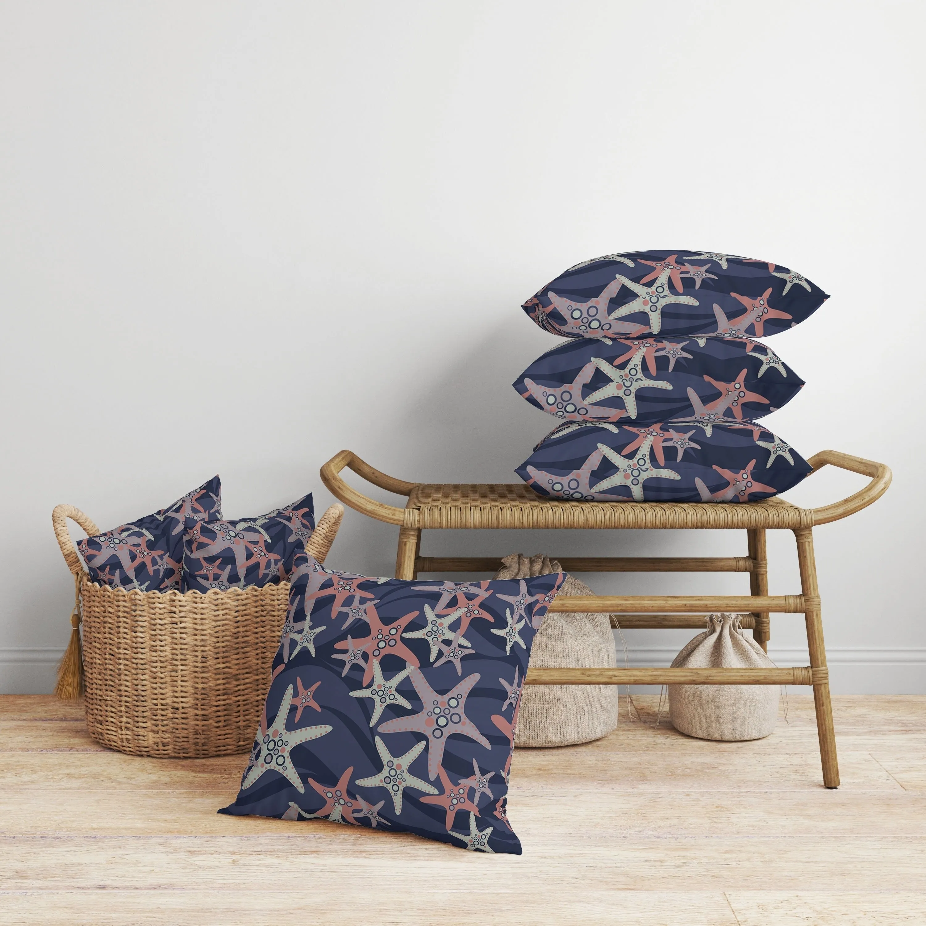 Starfish Sway Faux Suede Reversible Throw Pillow Blue and Copper