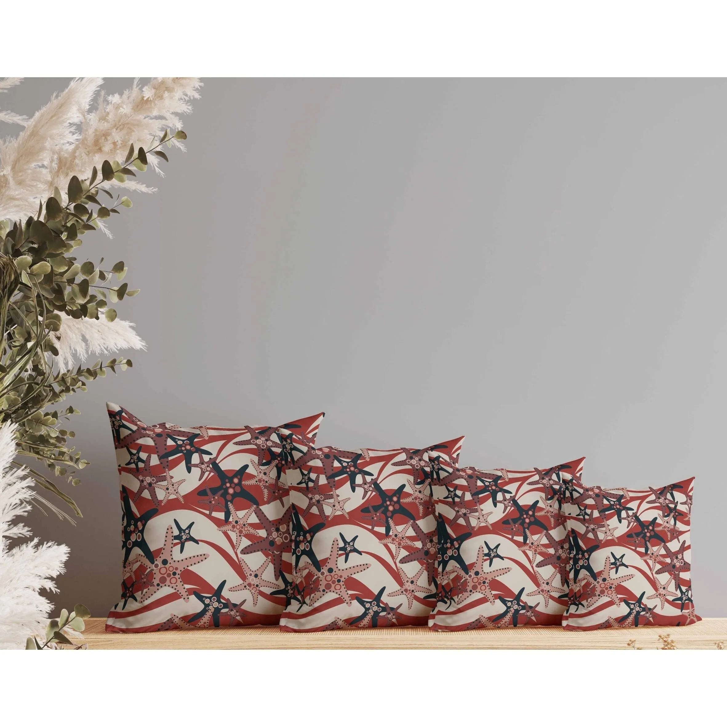 Starfish Sway Indoor/Outdoor Reversible Throw Pillow Silver and Red