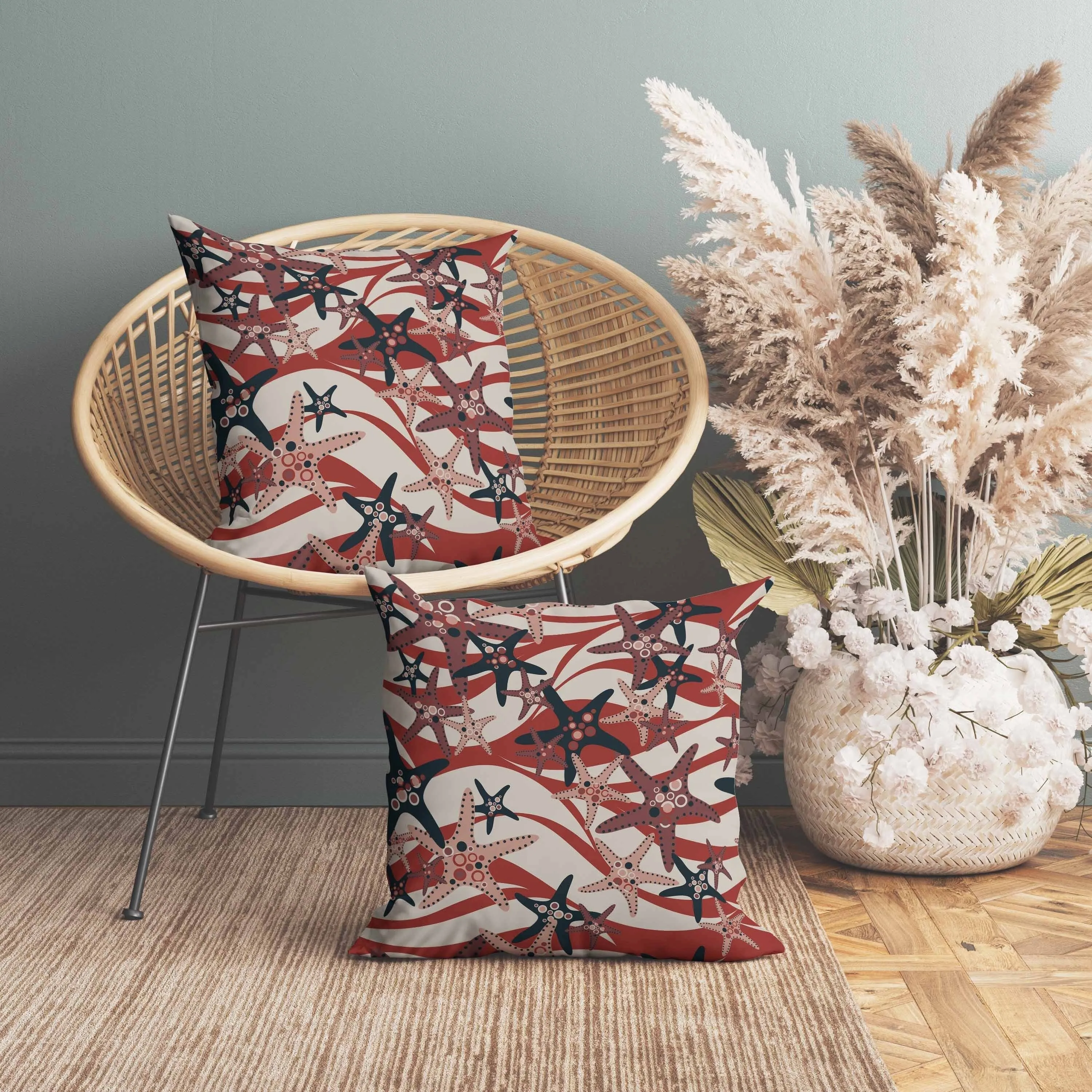 Starfish Sway Indoor/Outdoor Reversible Throw Pillow Silver and Red