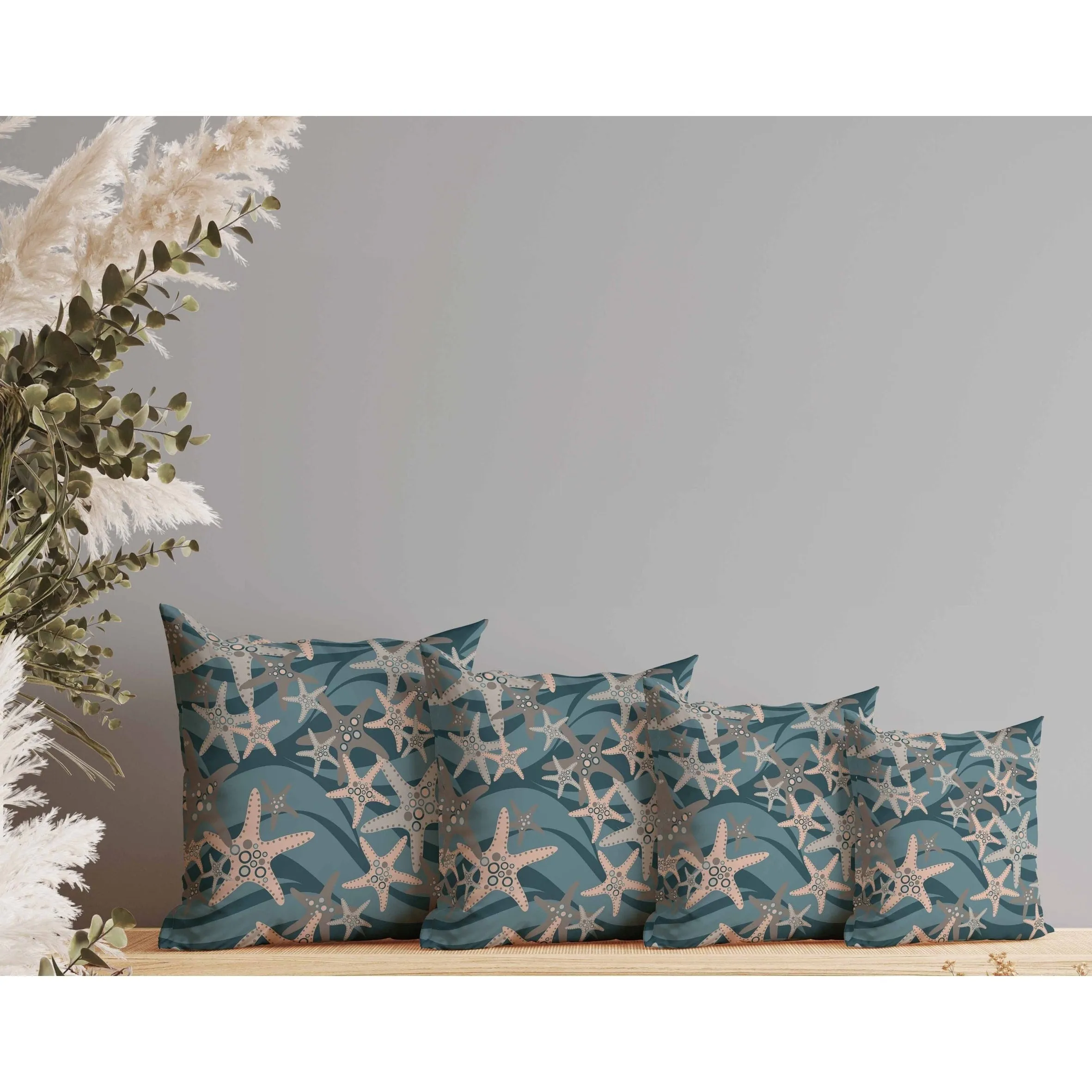 Starfish Sway Indoor/Outdoor Reversible Throw Pillow Teal and Gray