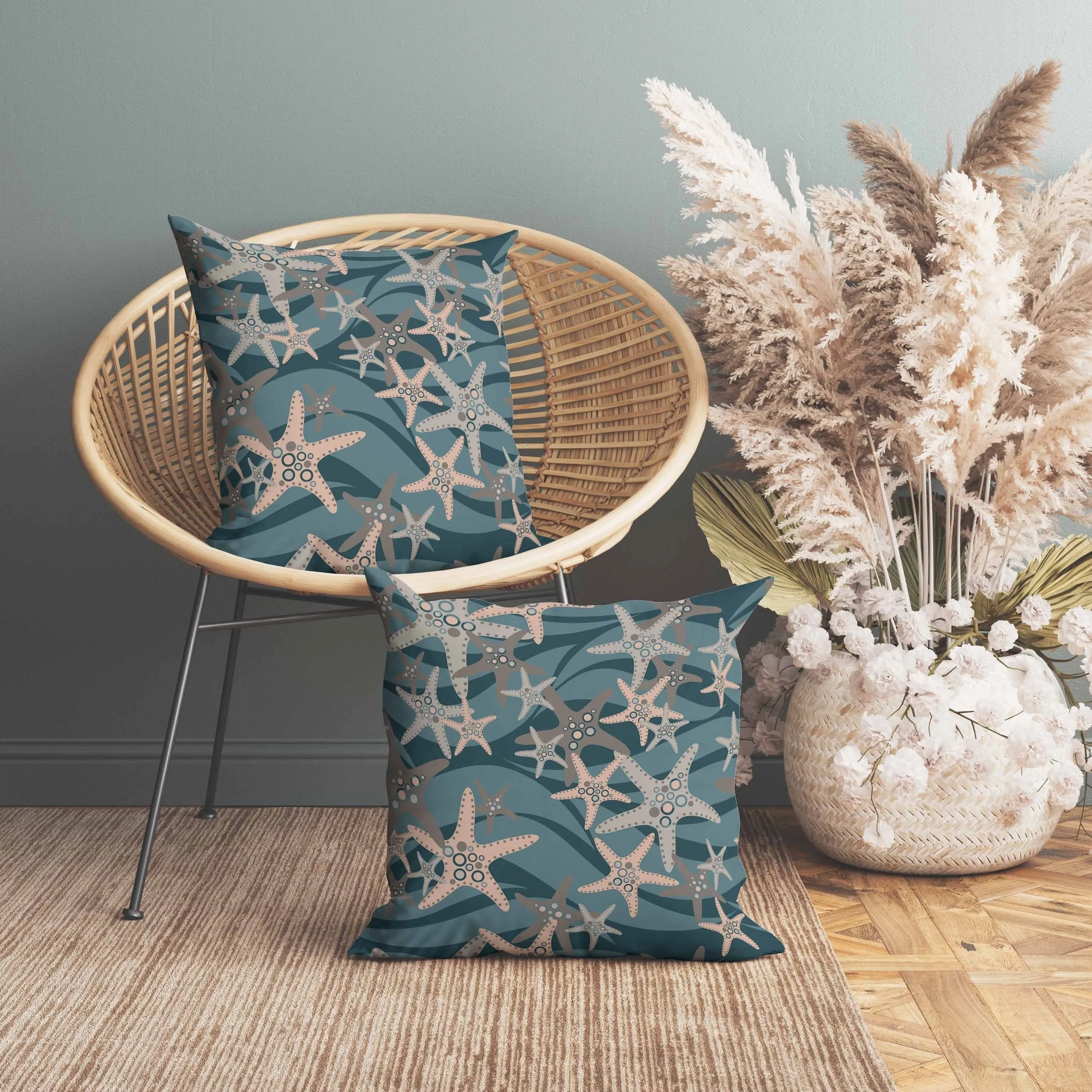 Starfish Sway Indoor/Outdoor Reversible Throw Pillow Teal and Gray