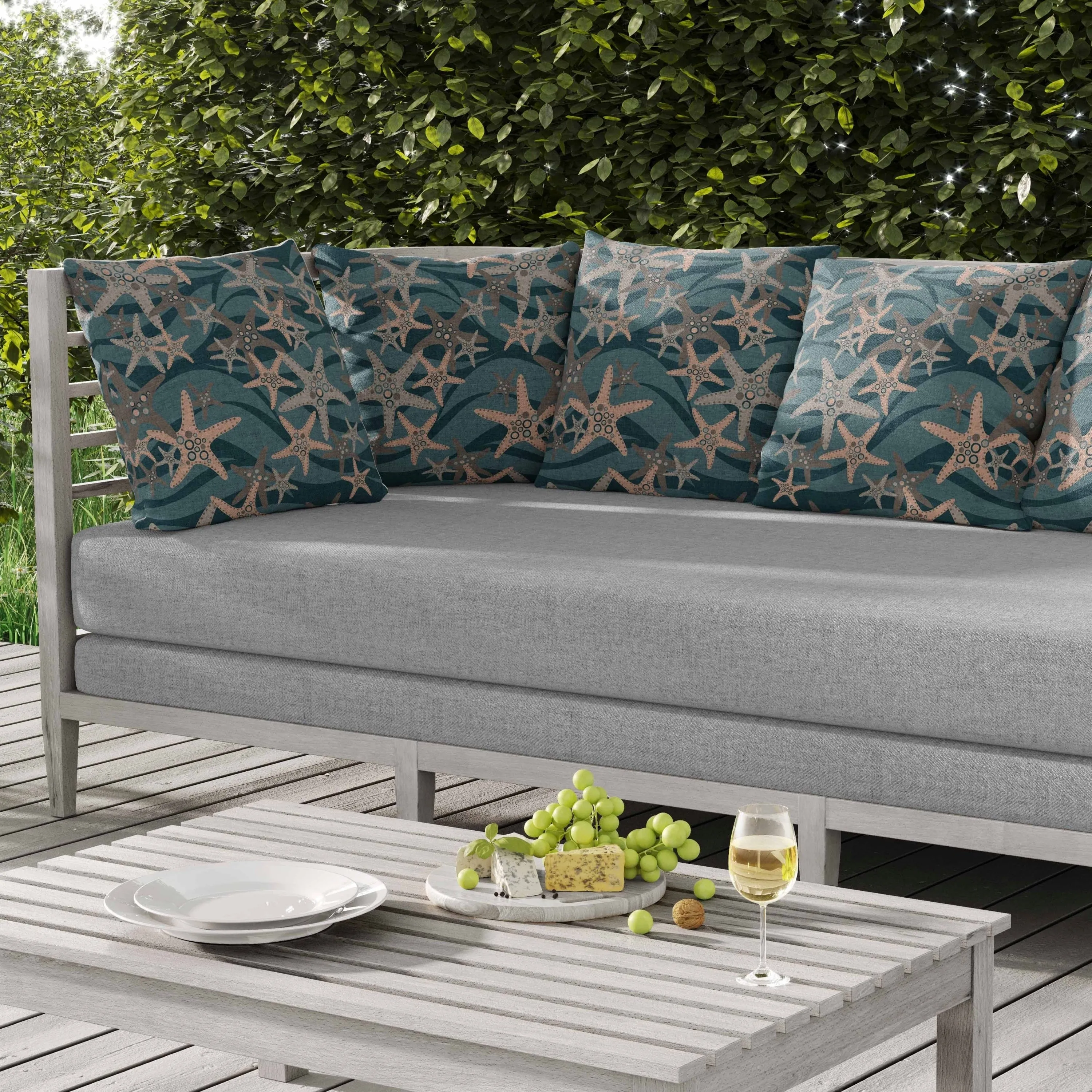 Starfish Sway Indoor/Outdoor Reversible Throw Pillow Teal and Gray