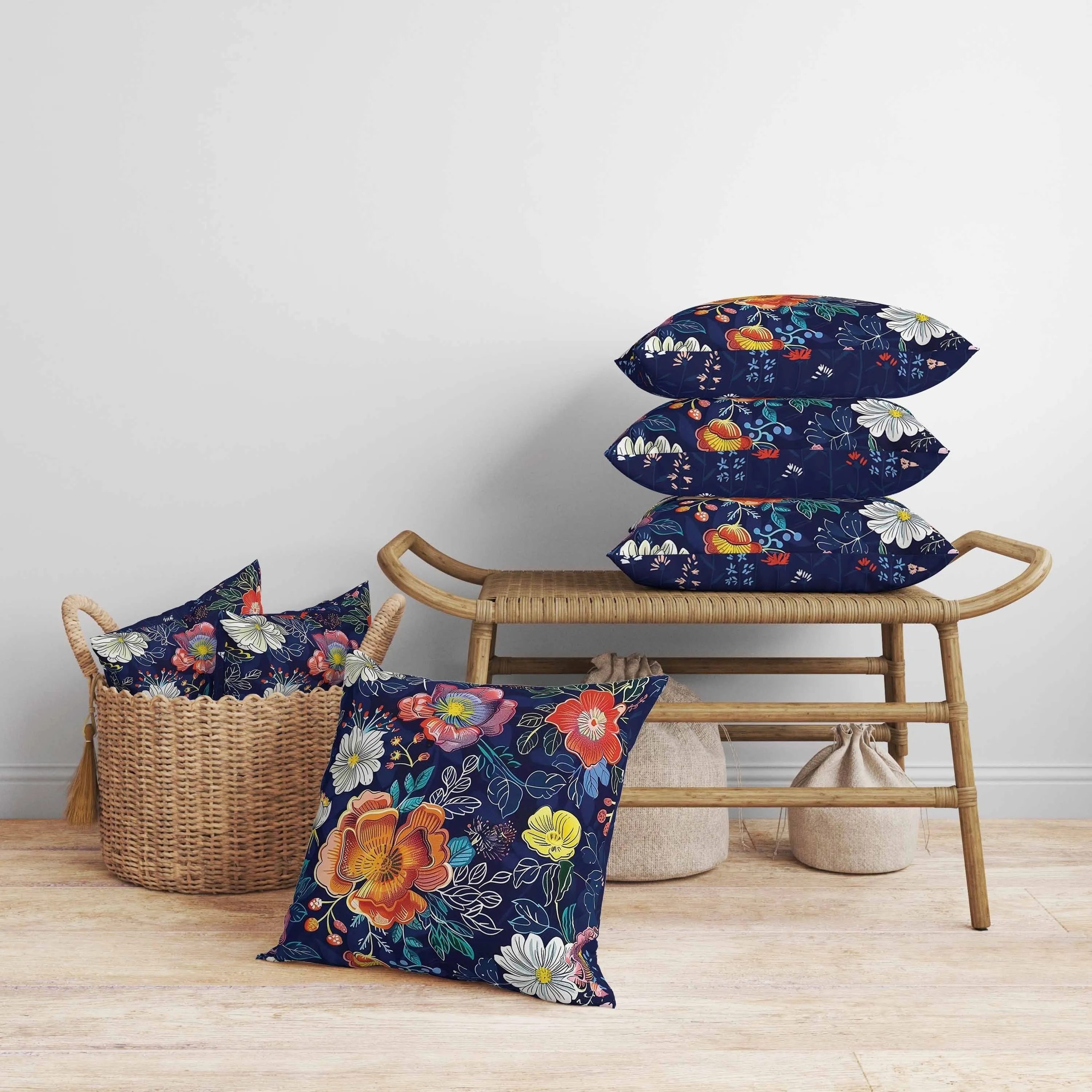 Starlight Florals Faux Suede Reversible Throw Pillow Blue and Orange