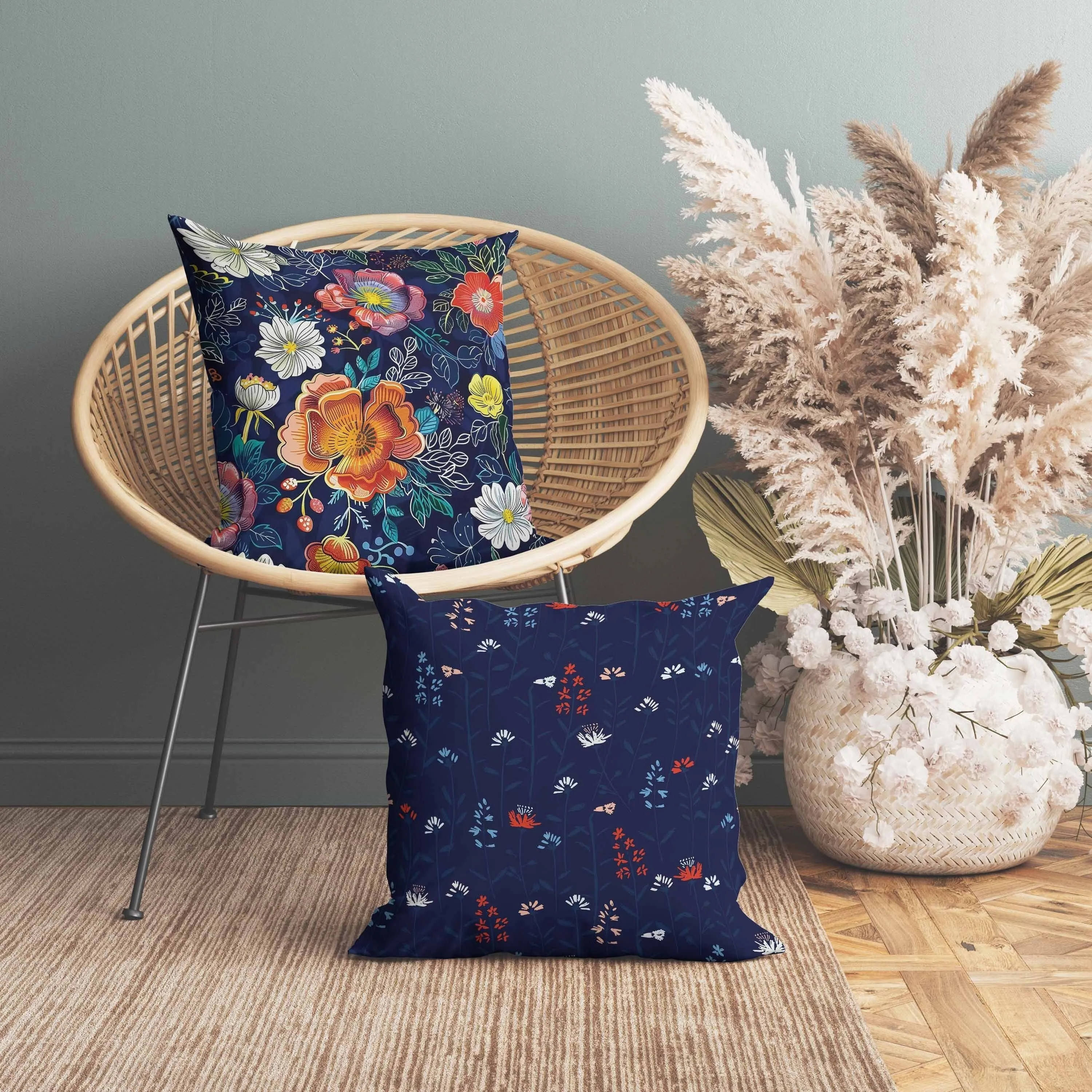 Starlight Florals Faux Suede Reversible Throw Pillow Blue and Orange