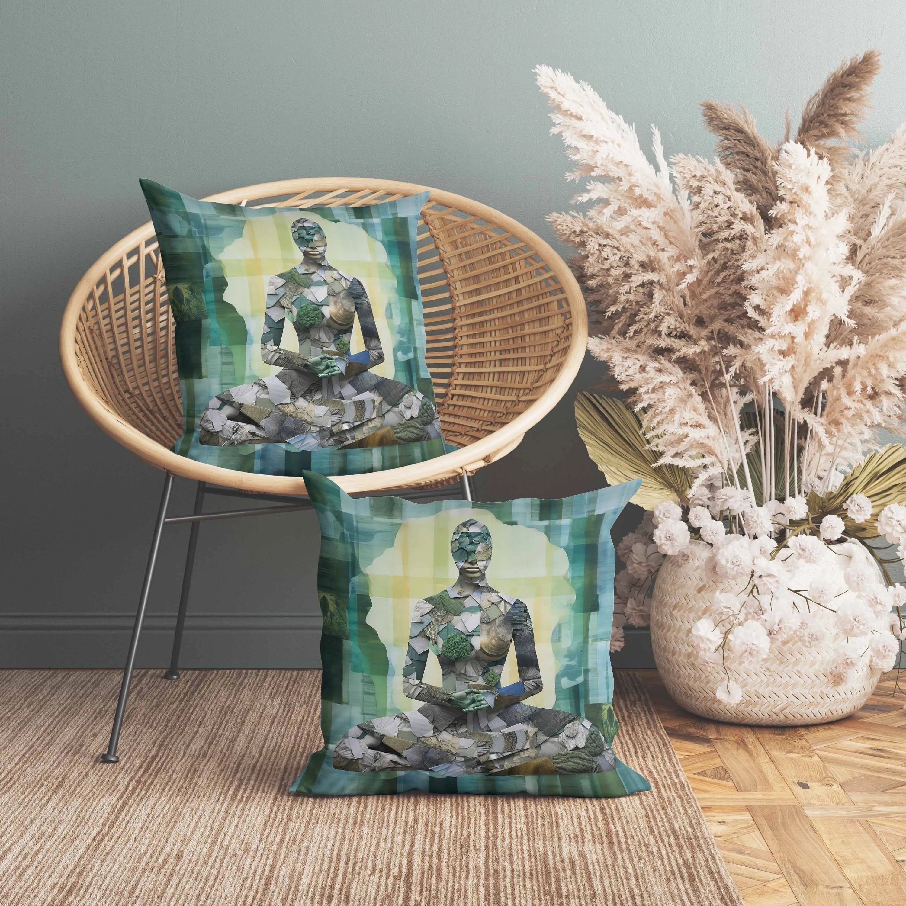 Stone Statue Faux Suede Reversible Throw Pillow Cyan and Yellow
