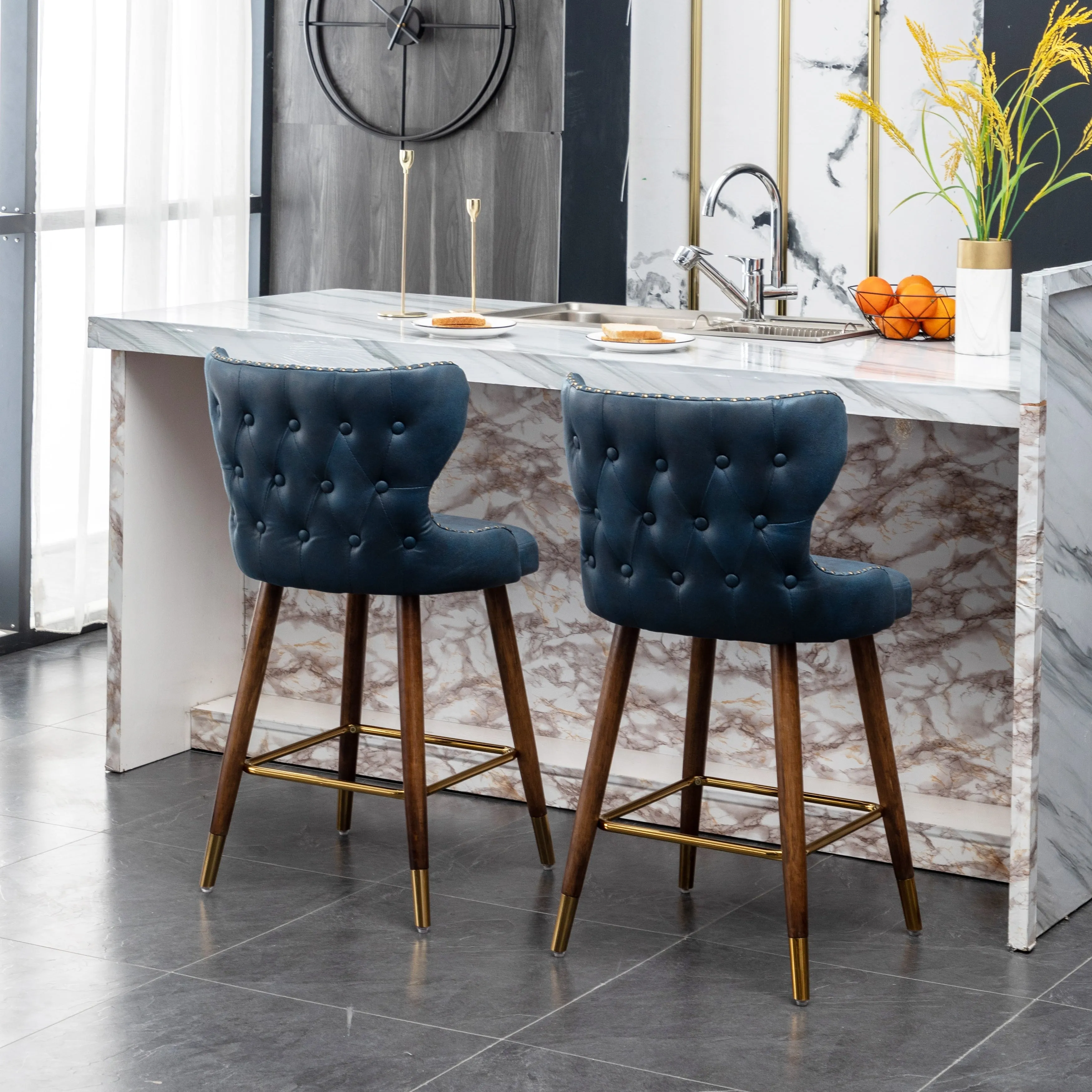 Stylish and Comfortable Counter Stool Set with Tufted Back and Nailhead Trim. Perfect for Any Kitchen or Bar Area.