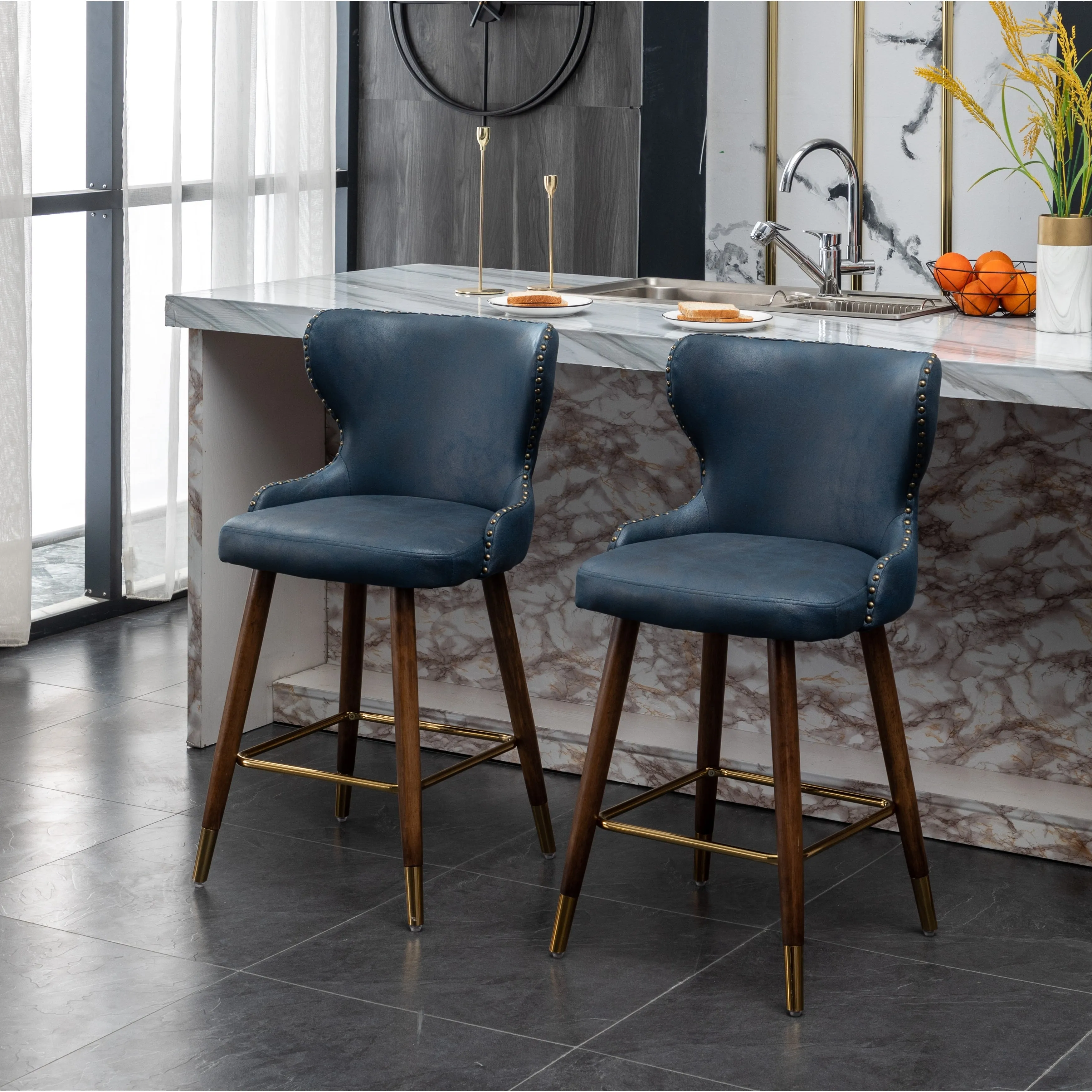 Stylish and Comfortable Counter Stool Set with Tufted Back and Nailhead Trim. Perfect for Any Kitchen or Bar Area.