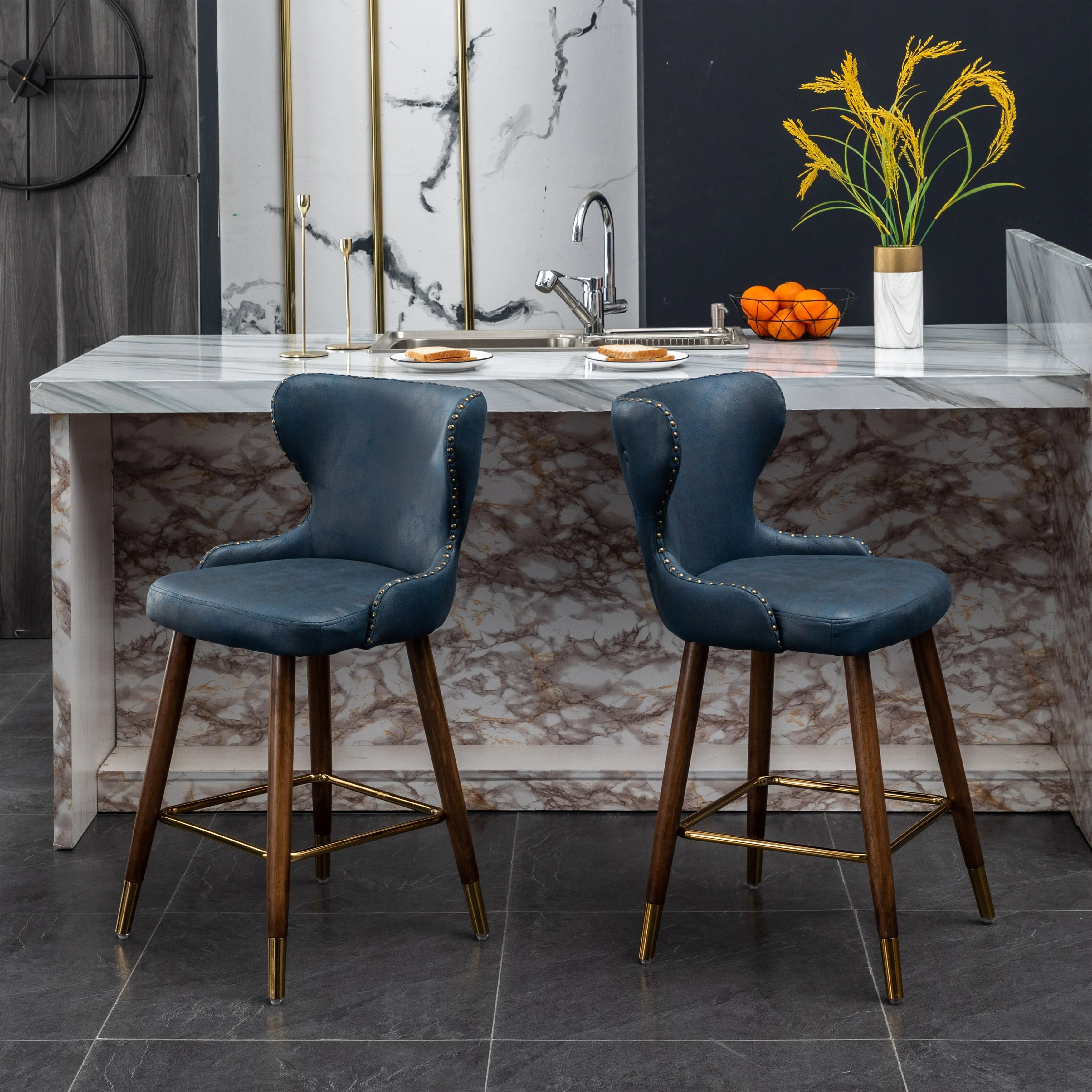 Stylish and Comfortable Counter Stool Set with Tufted Back and Nailhead Trim. Perfect for Any Kitchen or Bar Area.