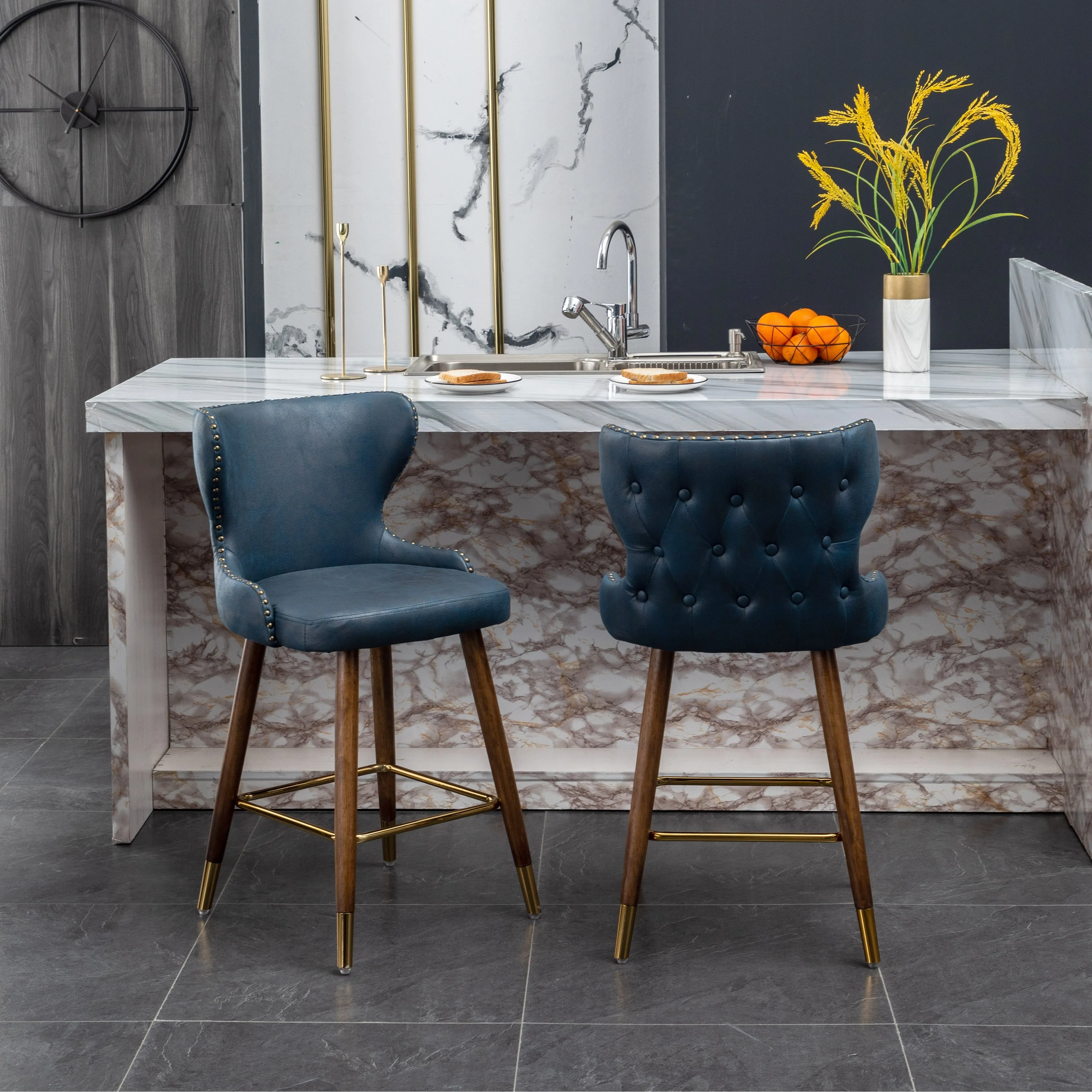 Stylish and Comfortable Counter Stool Set with Tufted Back and Nailhead Trim. Perfect for Any Kitchen or Bar Area.