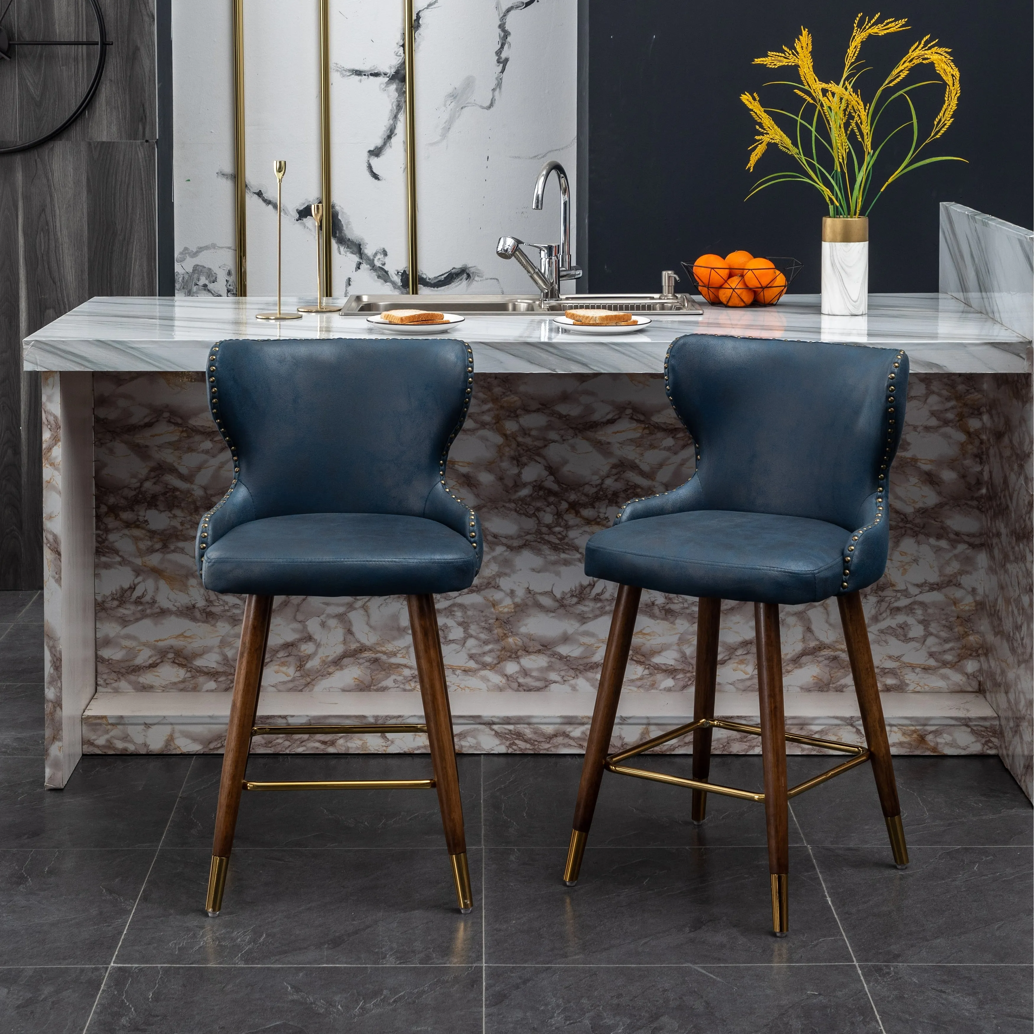 Stylish and Comfortable Counter Stool Set with Tufted Back and Nailhead Trim. Perfect for Any Kitchen or Bar Area.