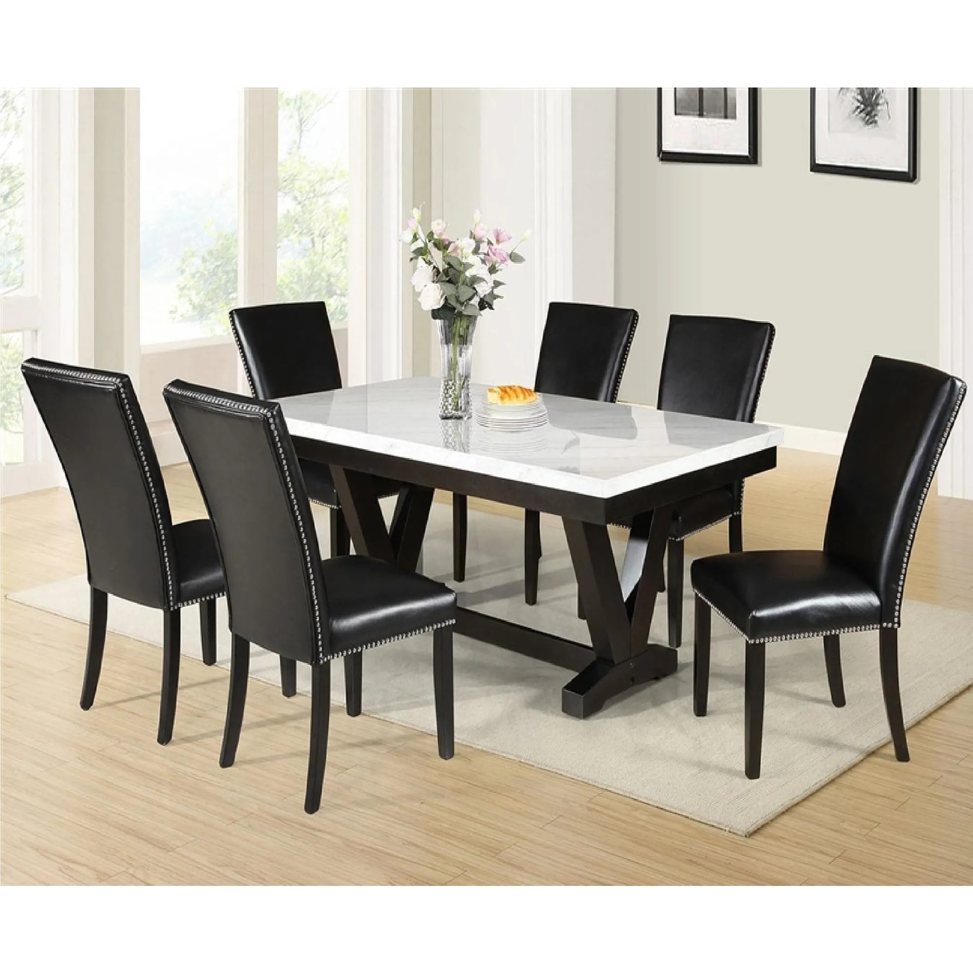 Stylish Transitional Upholstered Side Chair with Nailhead Trim and Faux Leather Upholstery for Dining Room and Living Room.