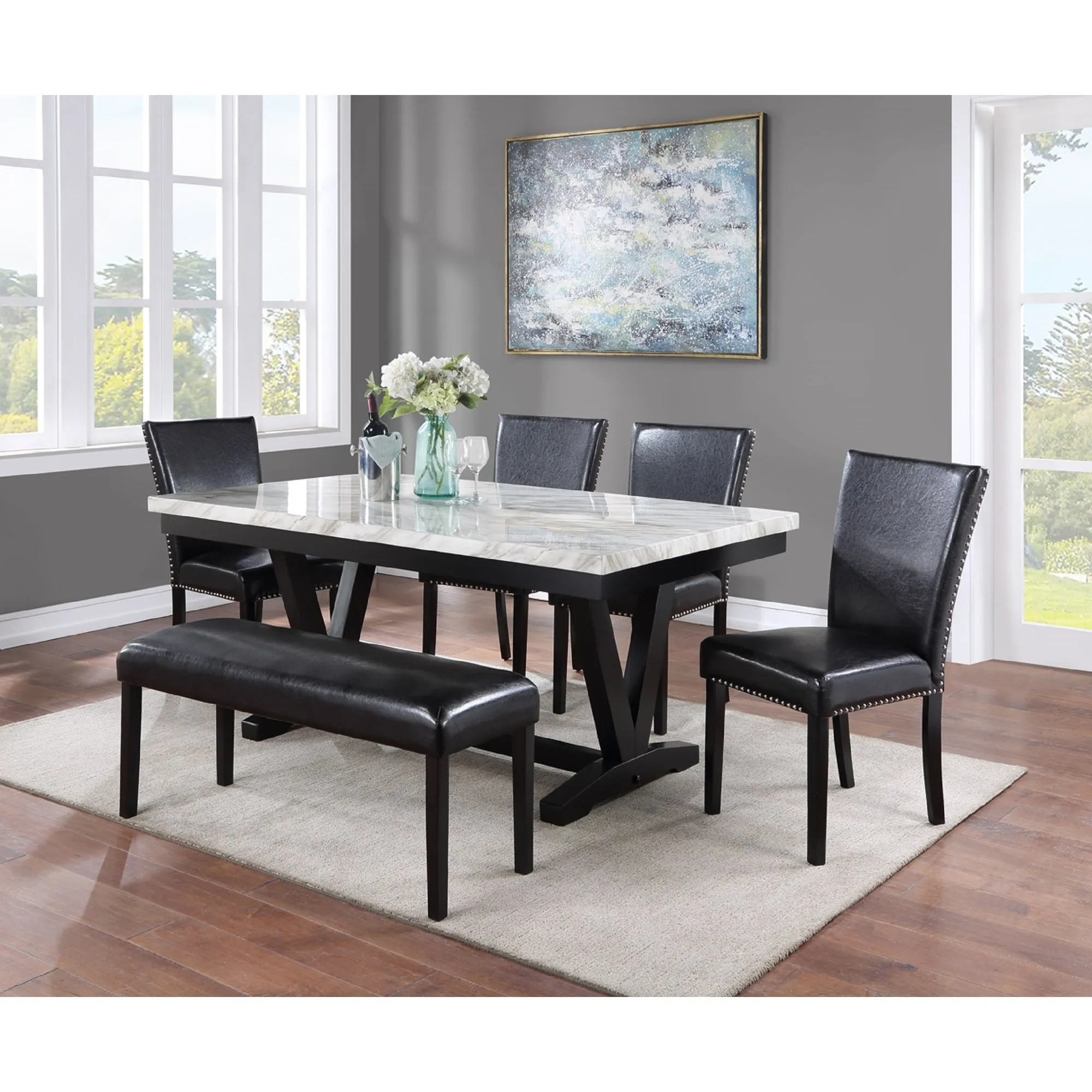 Stylish Transitional Upholstered Side Chair with Nailhead Trim and Faux Leather Upholstery for Dining Room and Living Room.