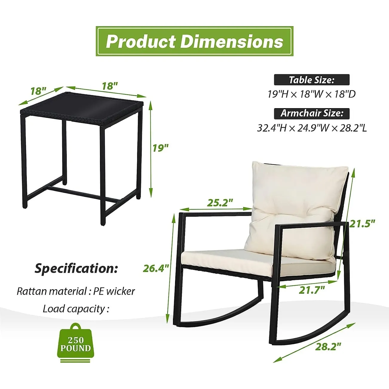 SUNCROWN 3-Piece Black Metal Outdoor Patio Rocking Bistro Set