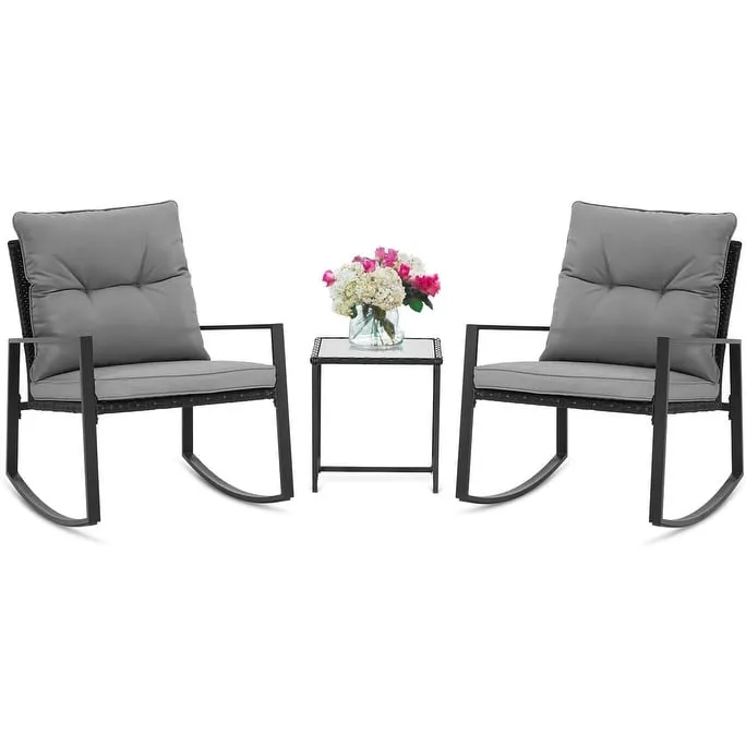 SUNCROWN 3-Piece Black Metal Outdoor Patio Rocking Bistro Set