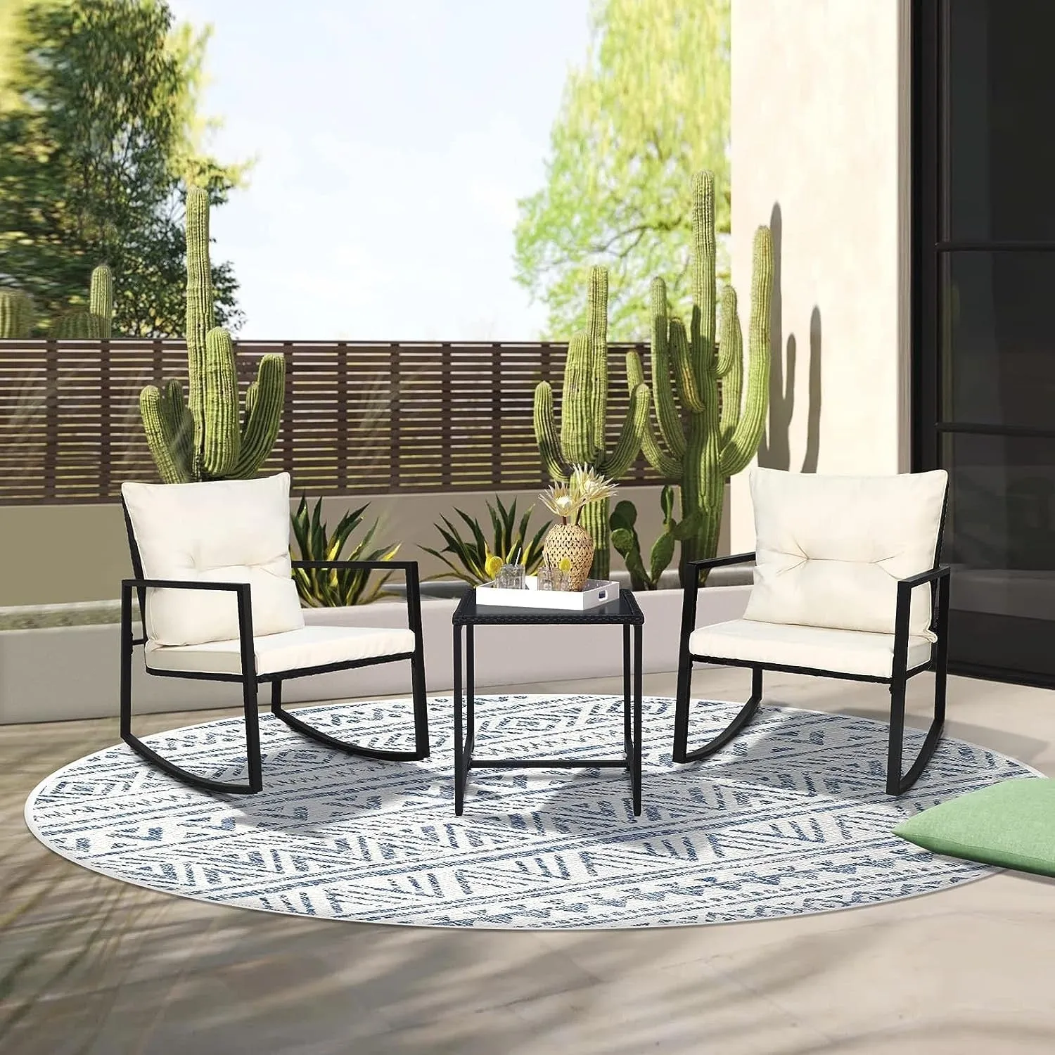 SUNCROWN 3-Piece Black Metal Outdoor Patio Rocking Bistro Set